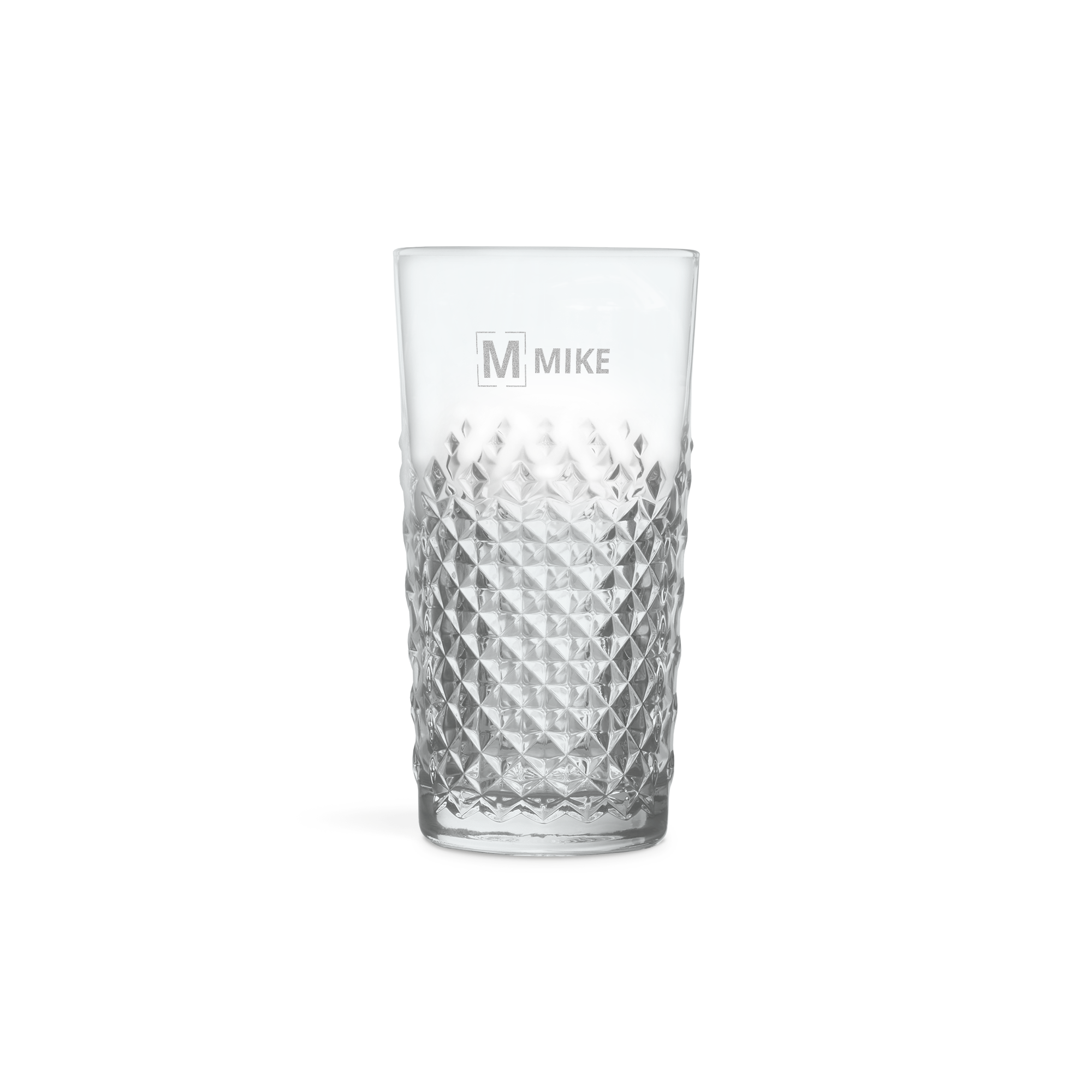 Bicchiere da mojito personalizzato, inciso con il nome "MIKE", con fantasia a rombi sulla base.