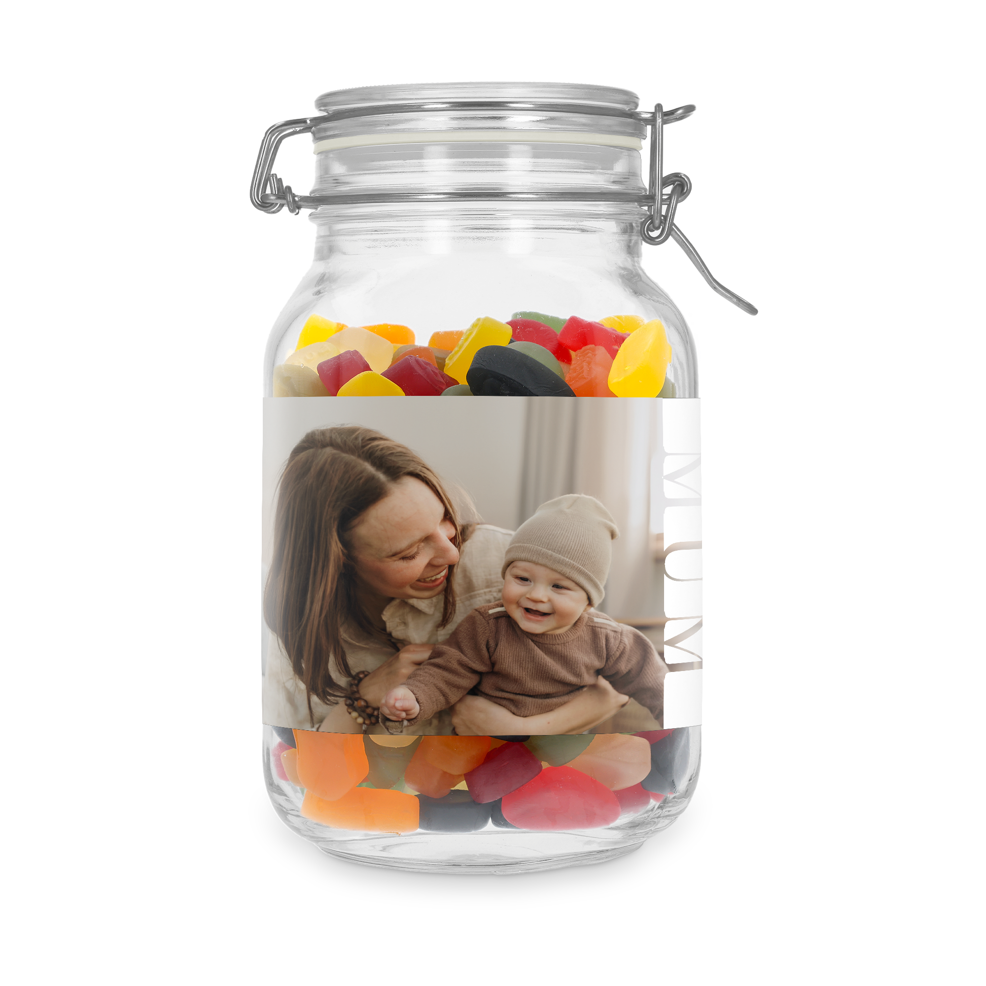 Pote de doces personalizado com gomas de vinho, foto de mãe e bebê, e nome "MUM" impresso