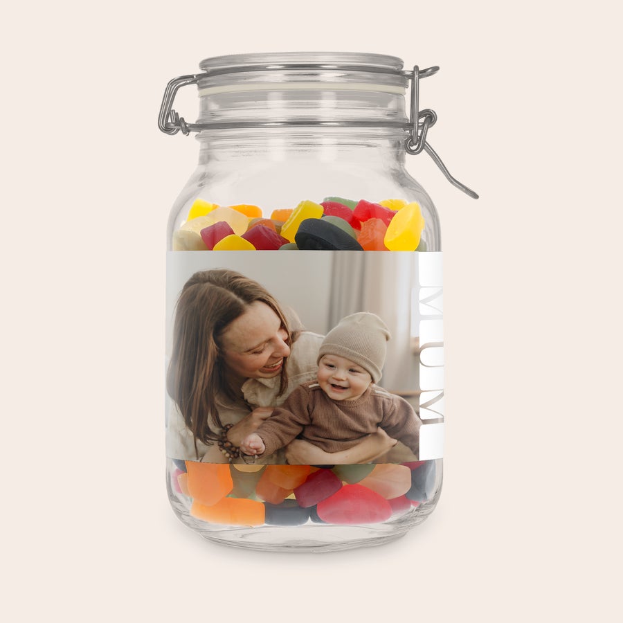 Frasco de doces personalizado Pote de doces personalizado com gomas de vinho, foto de mãe e bebê, e nome "MUM" impresso