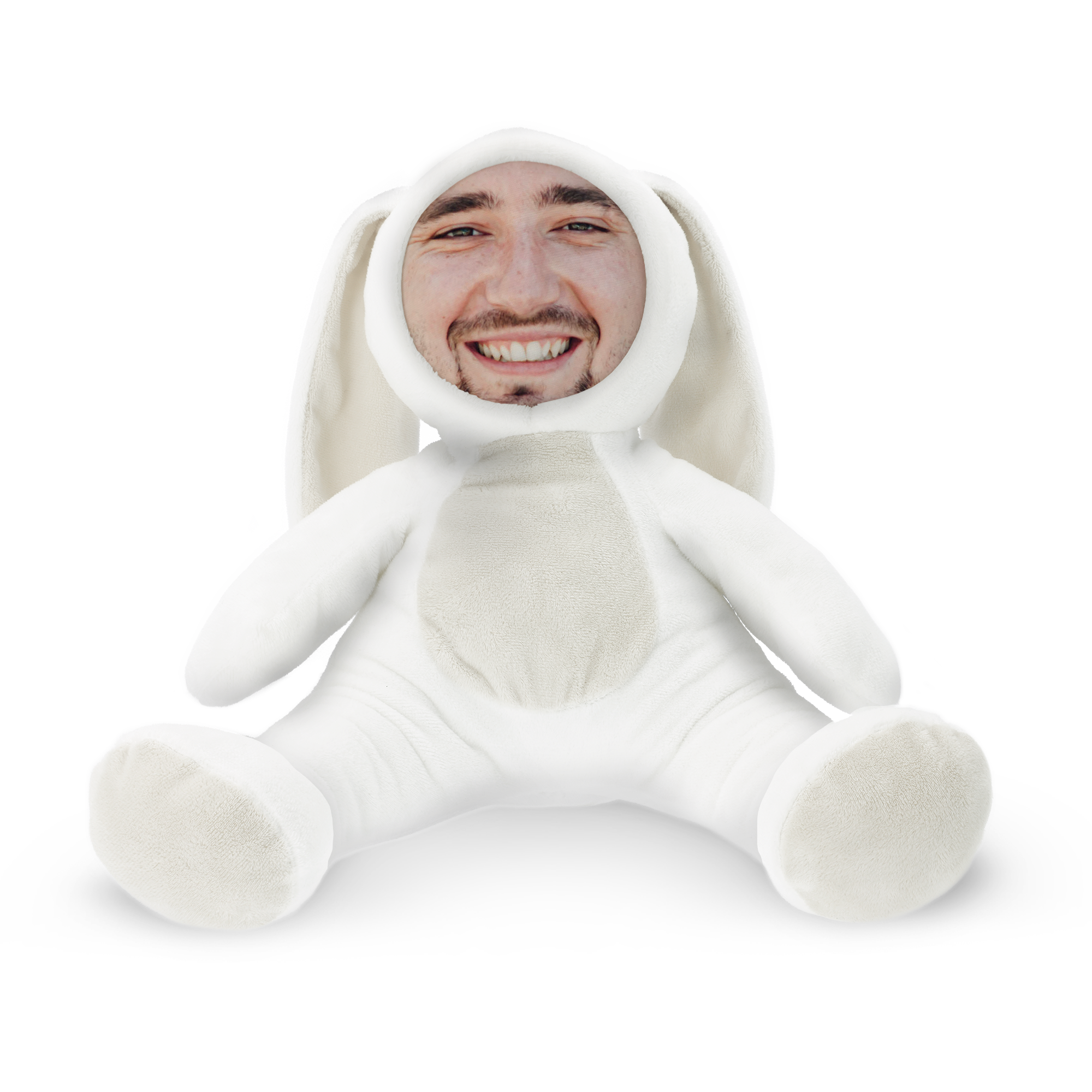 ItsieMe knuffel met foto van een lachende man in een konijnenpakje, een persoonlijk cadeau