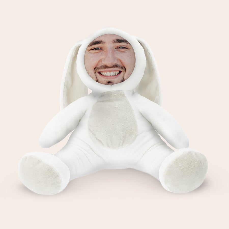 ItsieMe - Bunny ItsieMe bunny plush with a personalized photo of a smiling man printed on its removable head