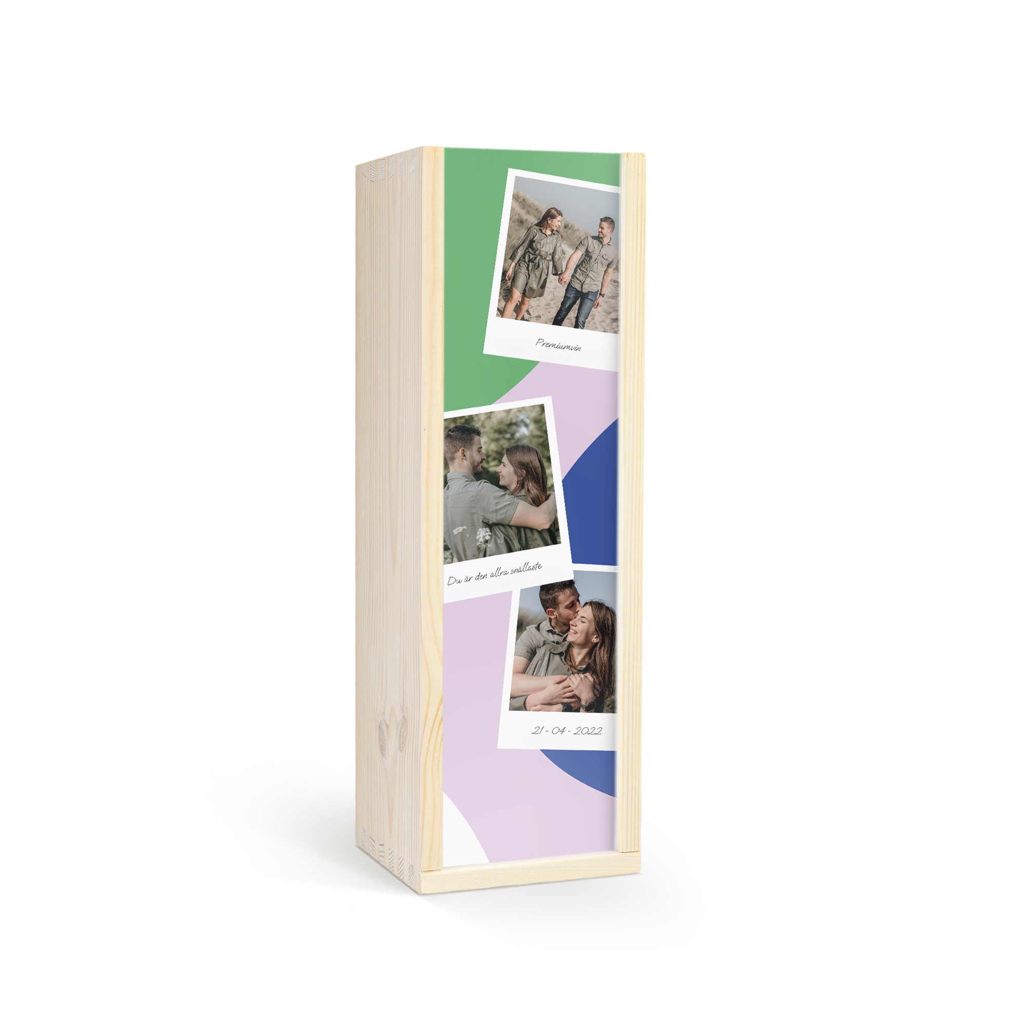 Trälåda för Maison de la Surprise-rödvin, tryckt med tre personliga foton och texten Du är den allra snällaste