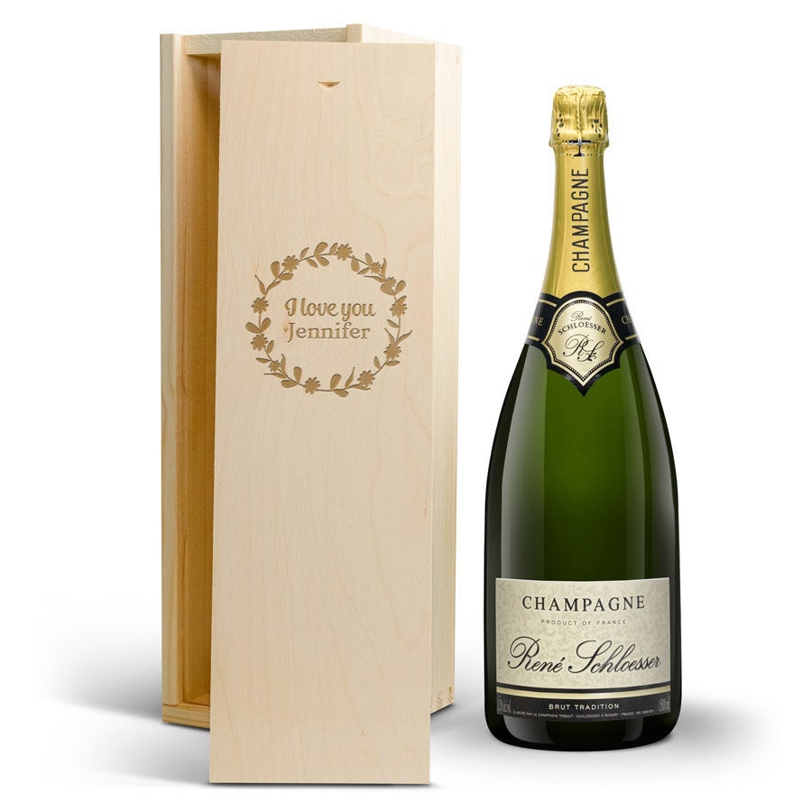 Personalised champagne gift - Rene Schloesser Magnum - Engraved wooden case
