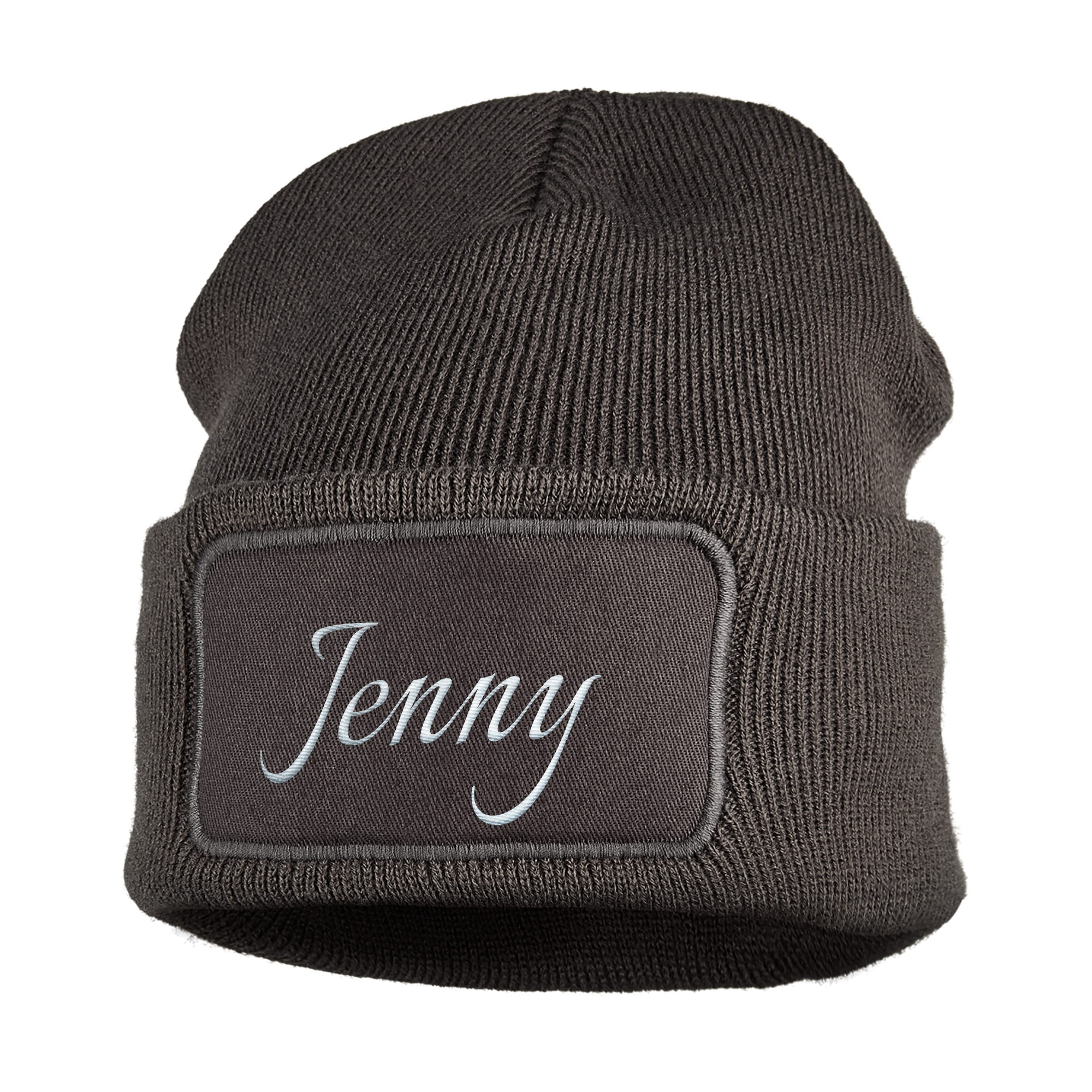 Dunkelgraue Mütze mit Namen Jenny, bestickt in weißer Schreibschrift auf einem Stoffpatch