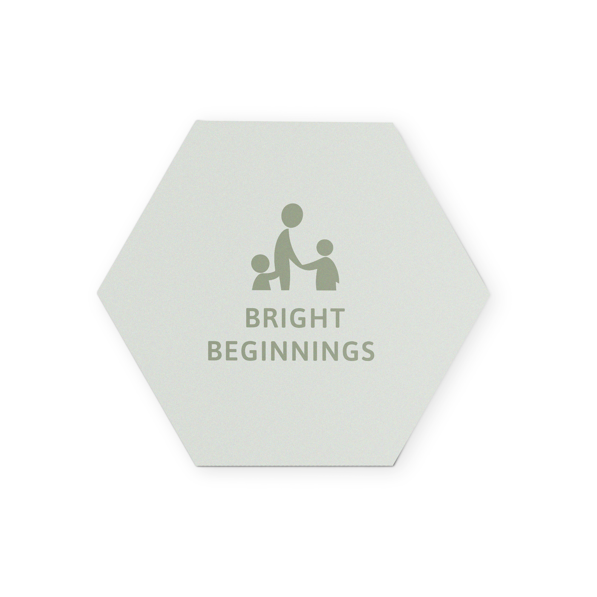 Panel de arte mural hexagonal personalizado con un gráfico de personas y el texto Bright Beginnings.