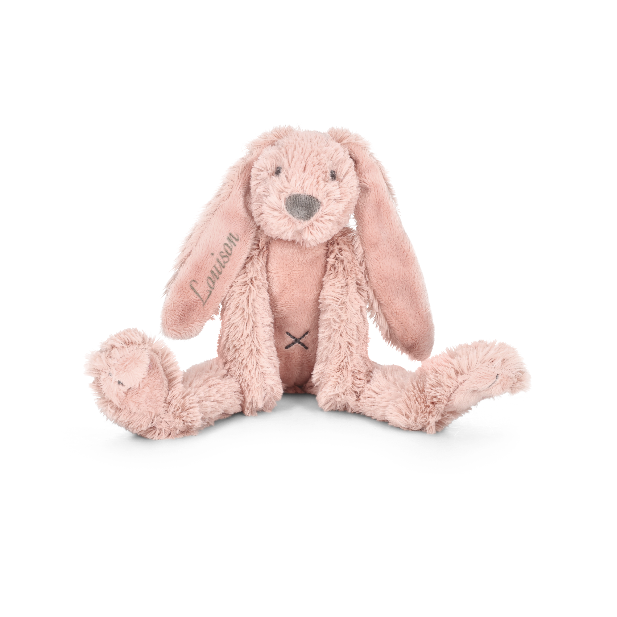 Peluche Lapin Richie rose personnalisée avec le prénom Louison brodé sur l'oreille droite