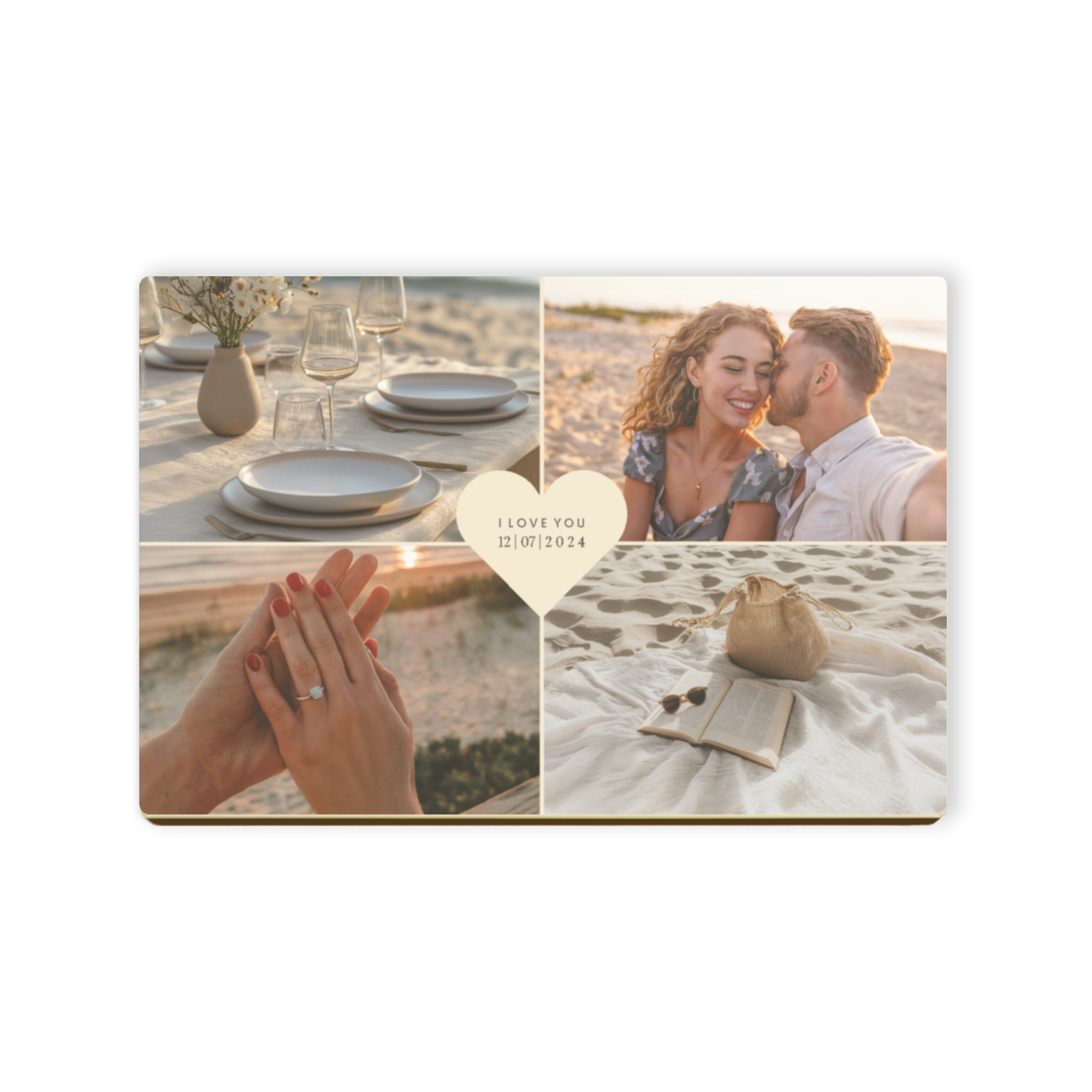 Személyre szabott csokoládélevél fényképekkel és I LOVE YOU 12 07 2024 felirattal, szív alakú keretben