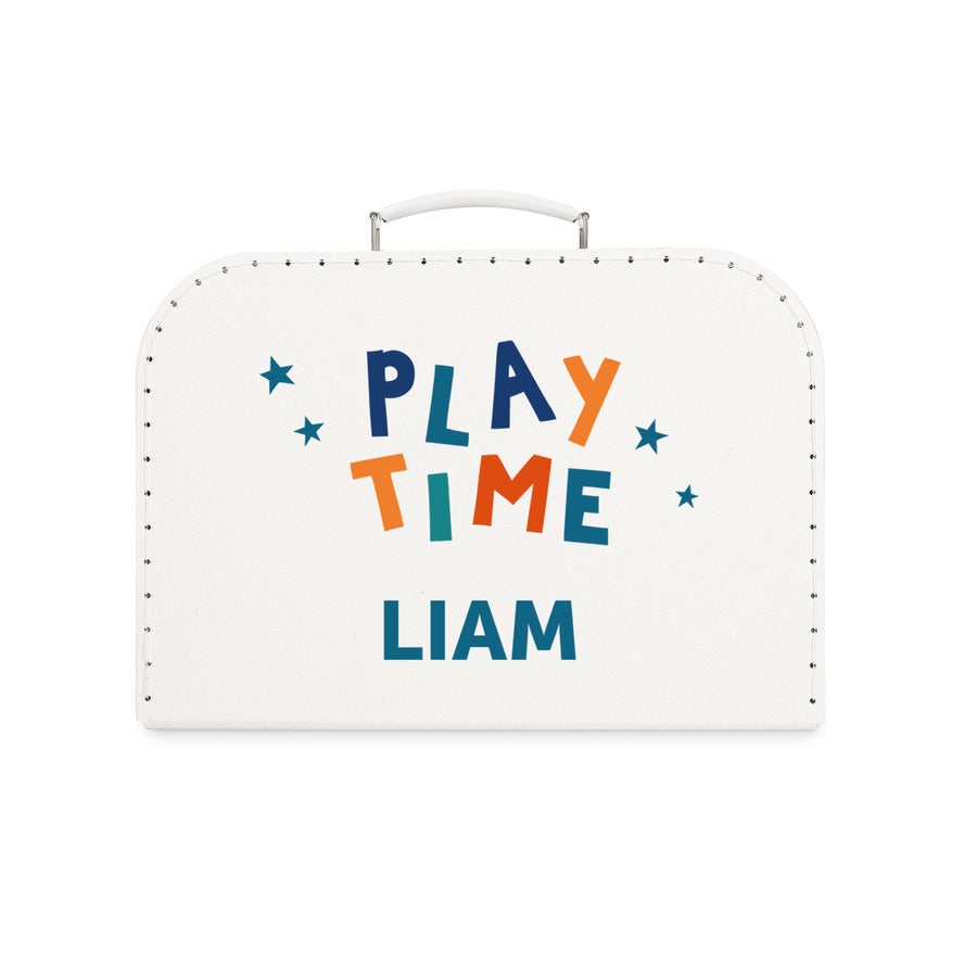 Kinderkoffer Personalisiert Weißer Kinderkoffer mit dem Spruch PLAY TIME und dem Namen Liam bedruckt, ideal zum Reisen