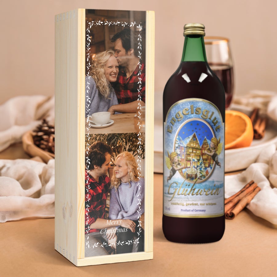 Gluhwein Engelsglut Vin fiert Engelsglut într-o cutie de lemn cu fotografie personalizată imprimată. Sărbătoriți sărbătorile cu vin fiert.