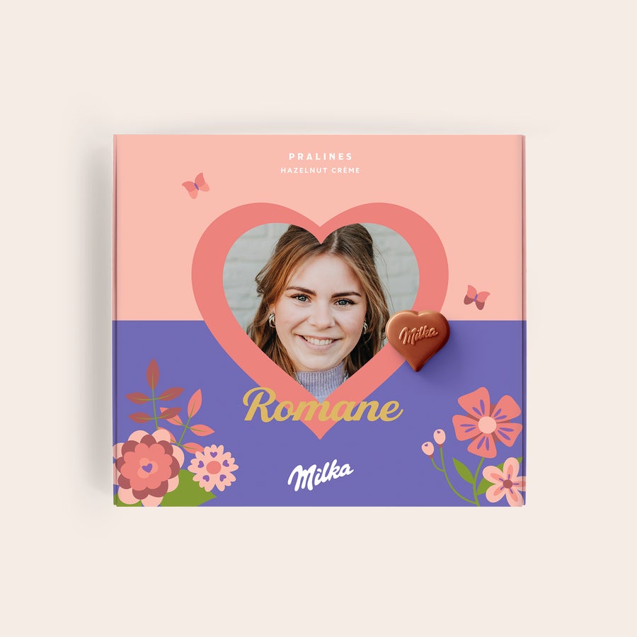 Chocolat Milka Fête des mères Coffret cadeau personnalisé en chocolat Milka avec photo de femme et le nom Romane imprimés