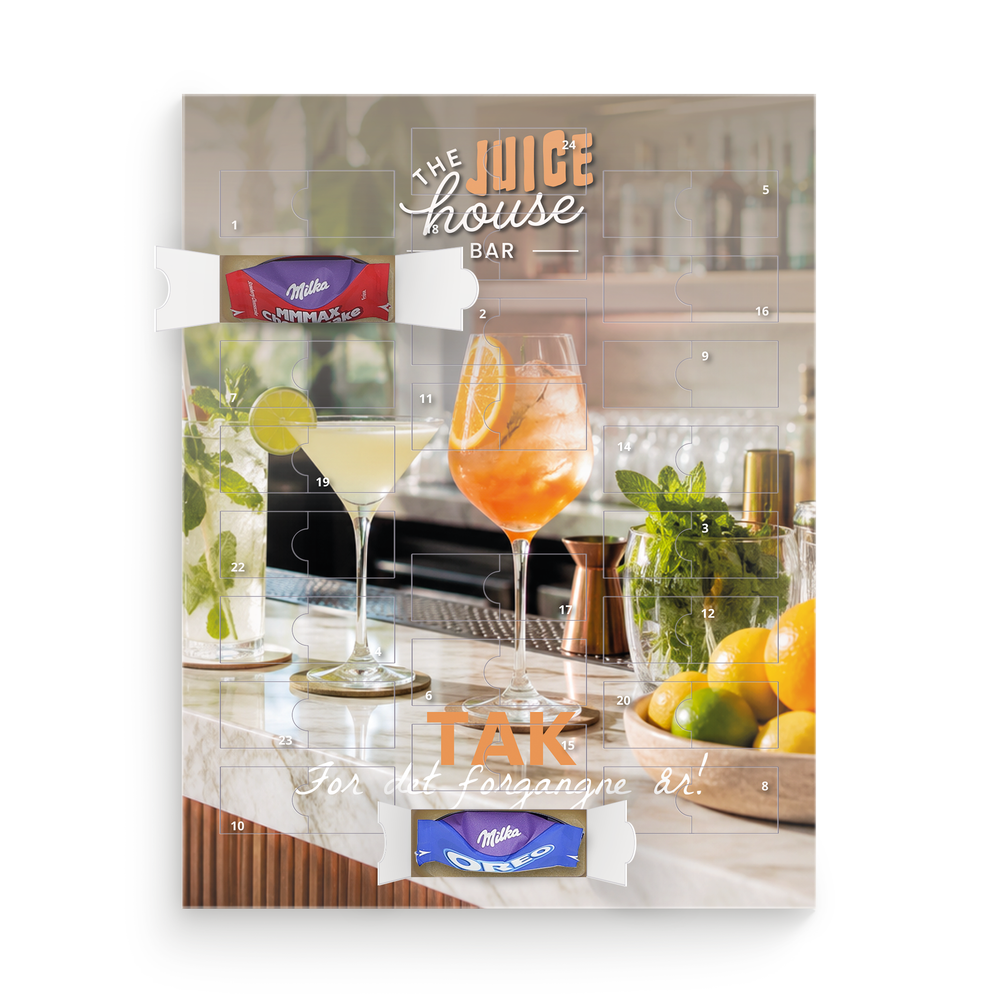 En personliggjort Chokoladejulekalender – Milka Favourites med et billede af en juicebar og tekst "TAK For det forgangne år!". Teksten kan tilpasses.