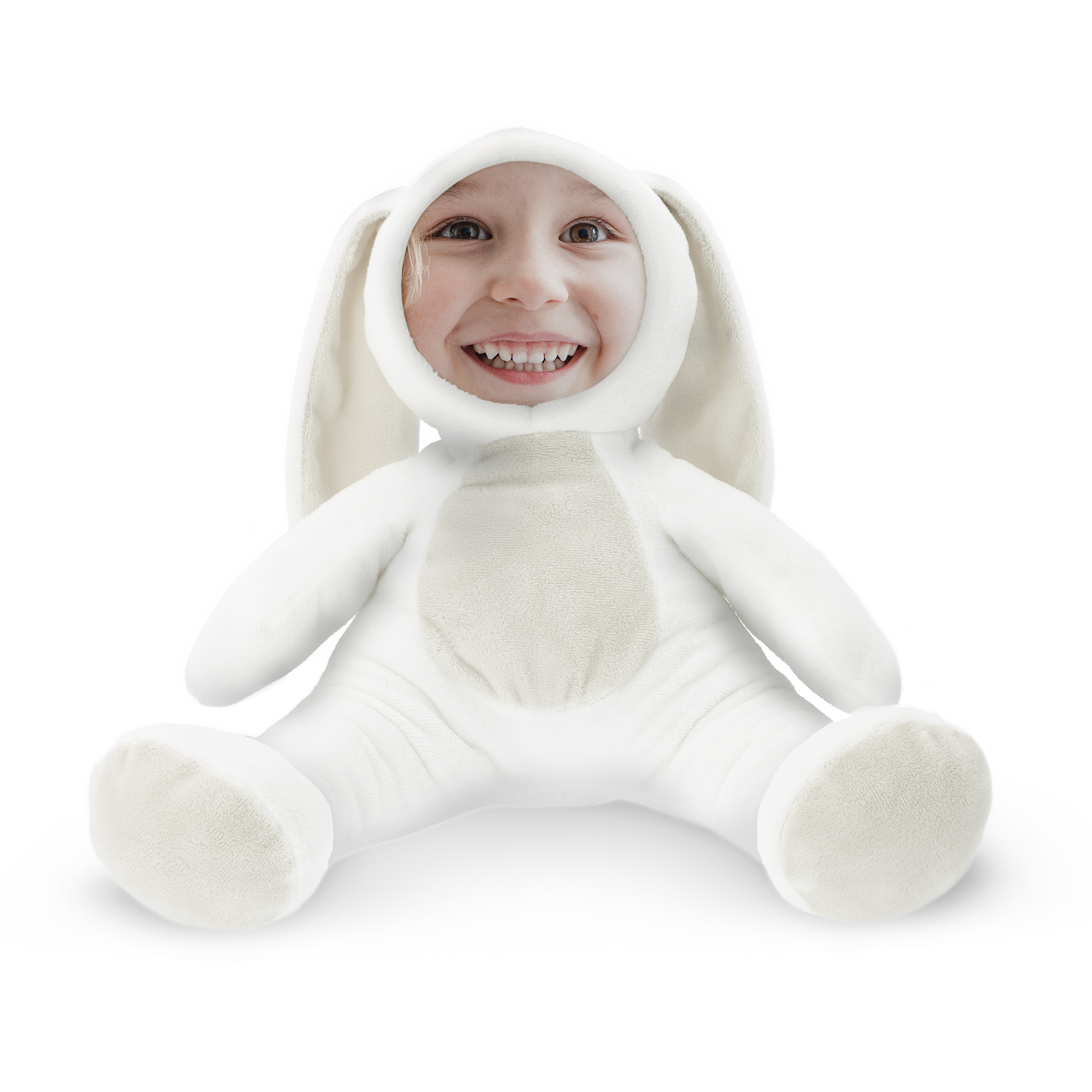 Witte ItsieMe knuffel met vrolijke kinderfoto, perfect om cadeau te geven.