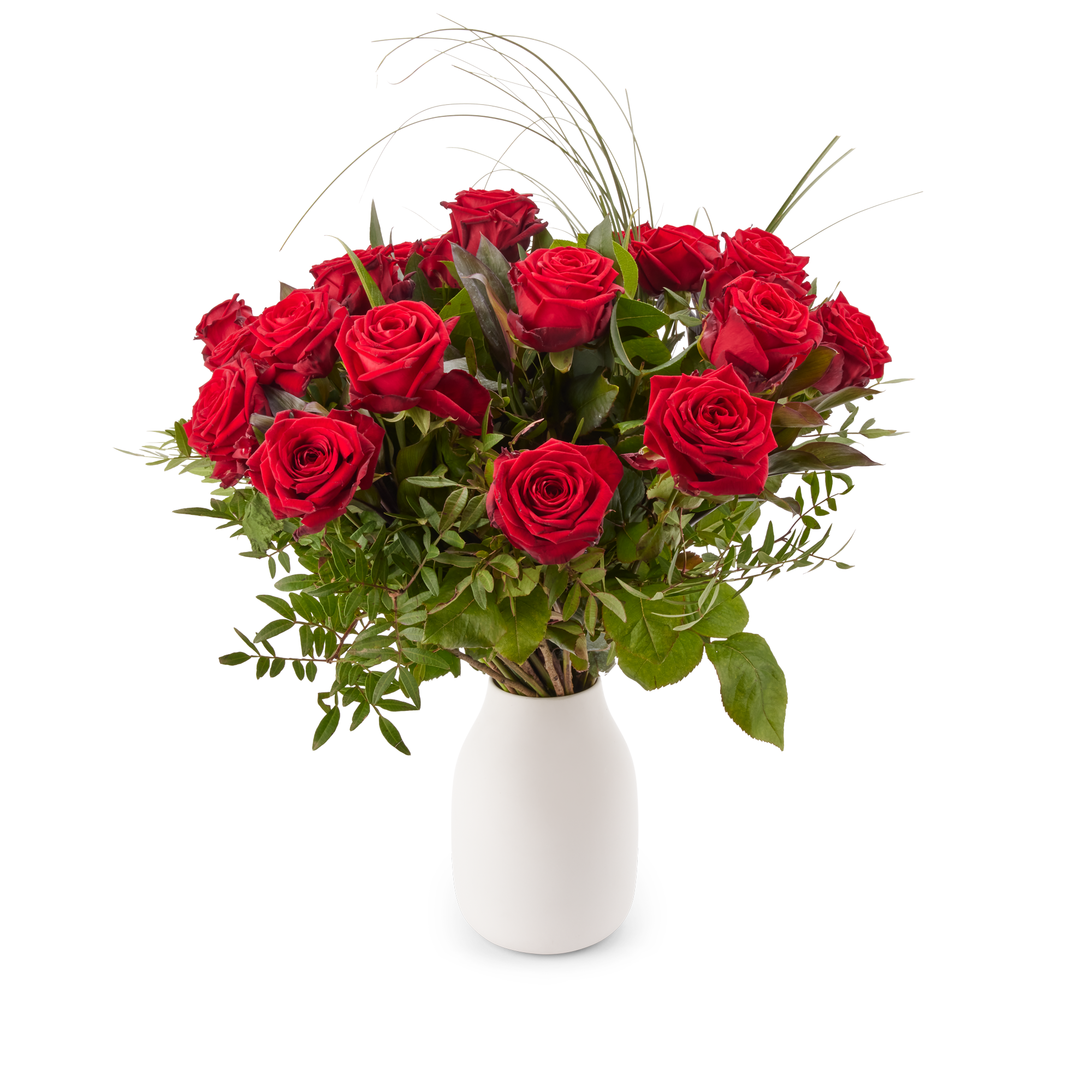 Boeket rode rozen in witte vaas met gratis cadeaukaartje, te bezorgen met persoonlijke boodschap