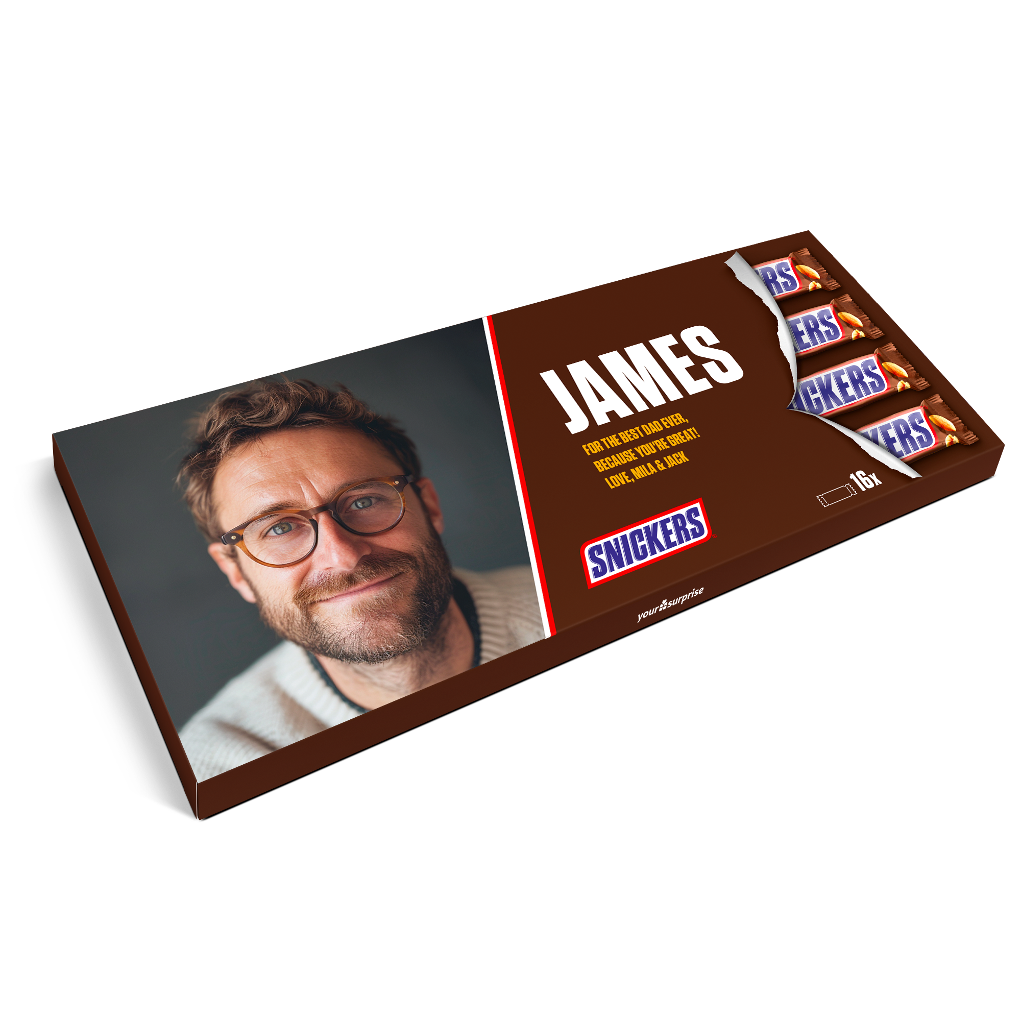 Personalizirana čokoladica XXL Snickers s fotografijo in natisnjenim imenom James