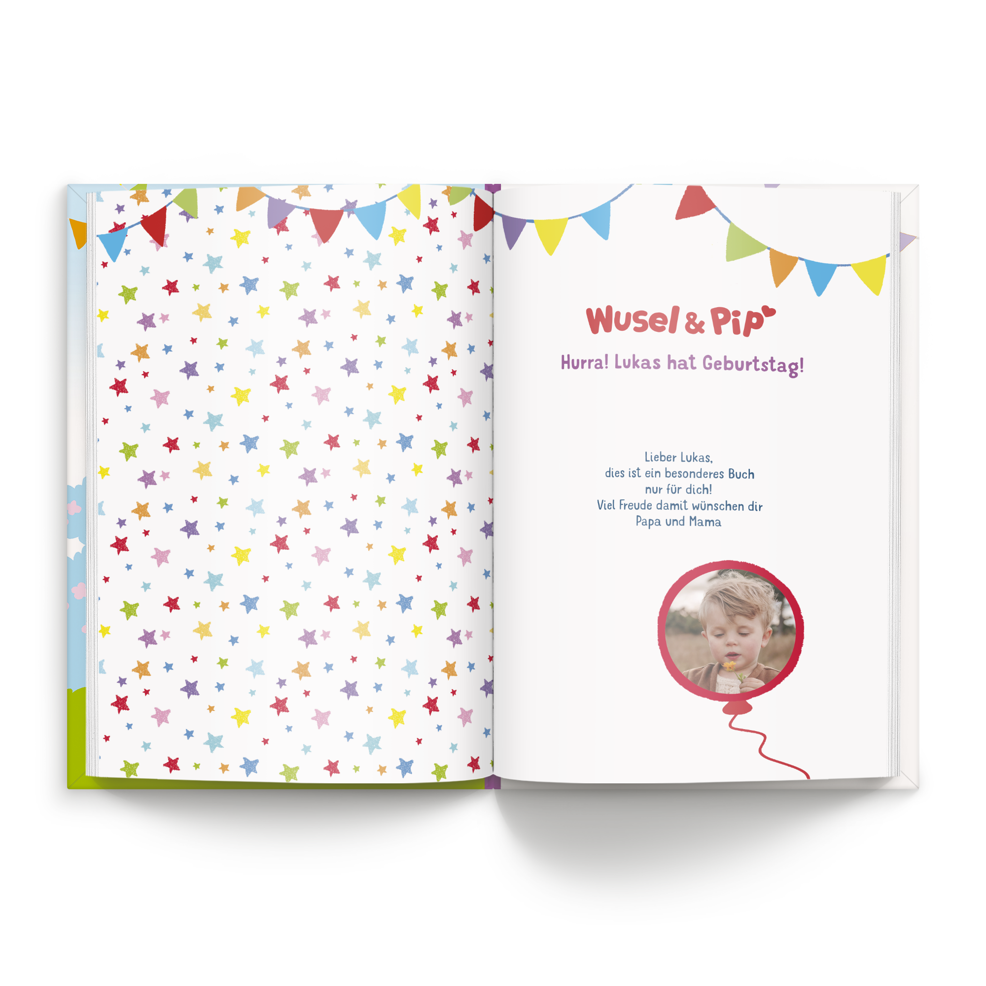 Personalisiertes Kinderbuch - Wusel & Pip - Geburtstag - XL Hardcover, mit personalisiertem Text und Foto gedruckt für Lukas