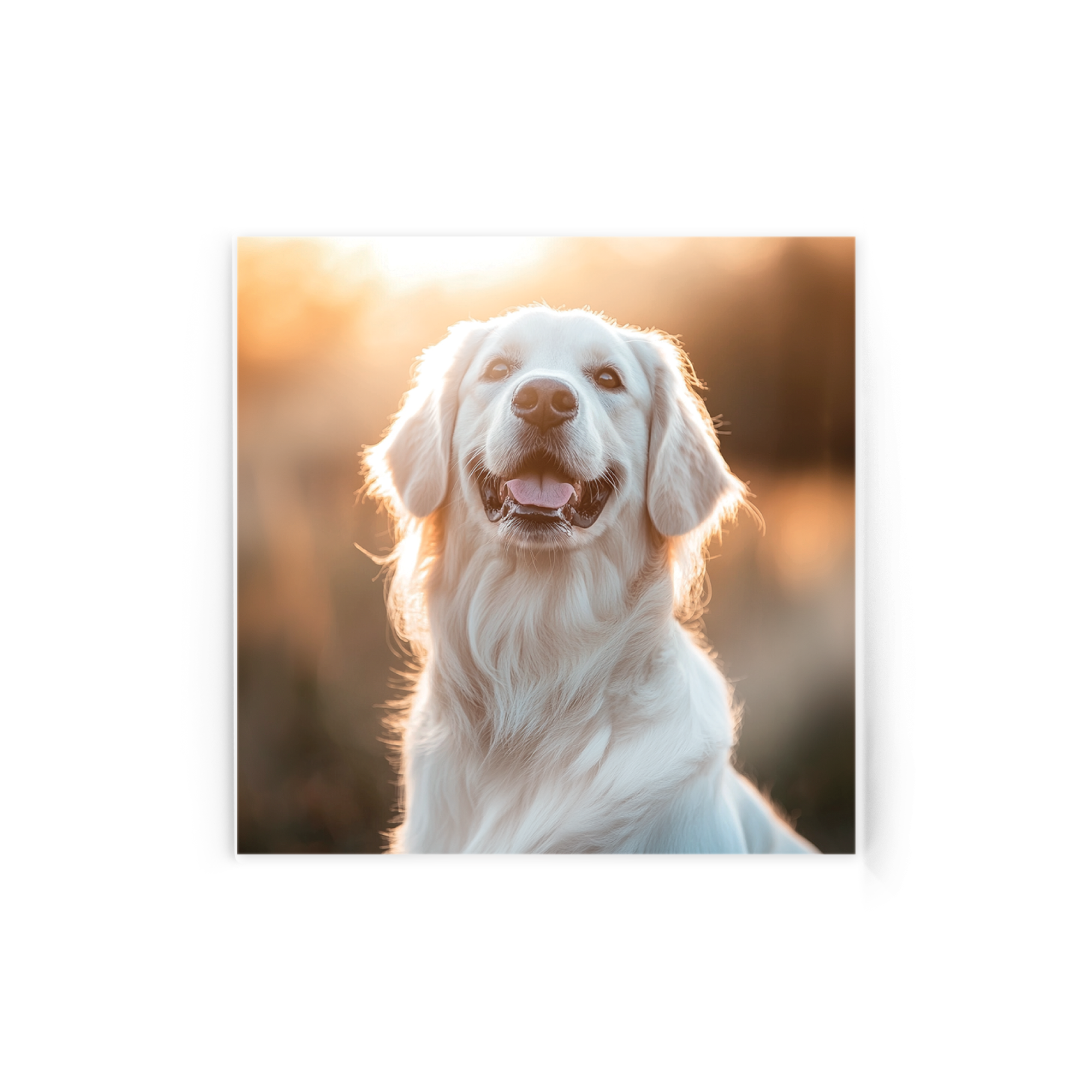 Photo on acrylic featuring a happy golden retriever in sunlight, a unique way to immortalize your memorable moment.