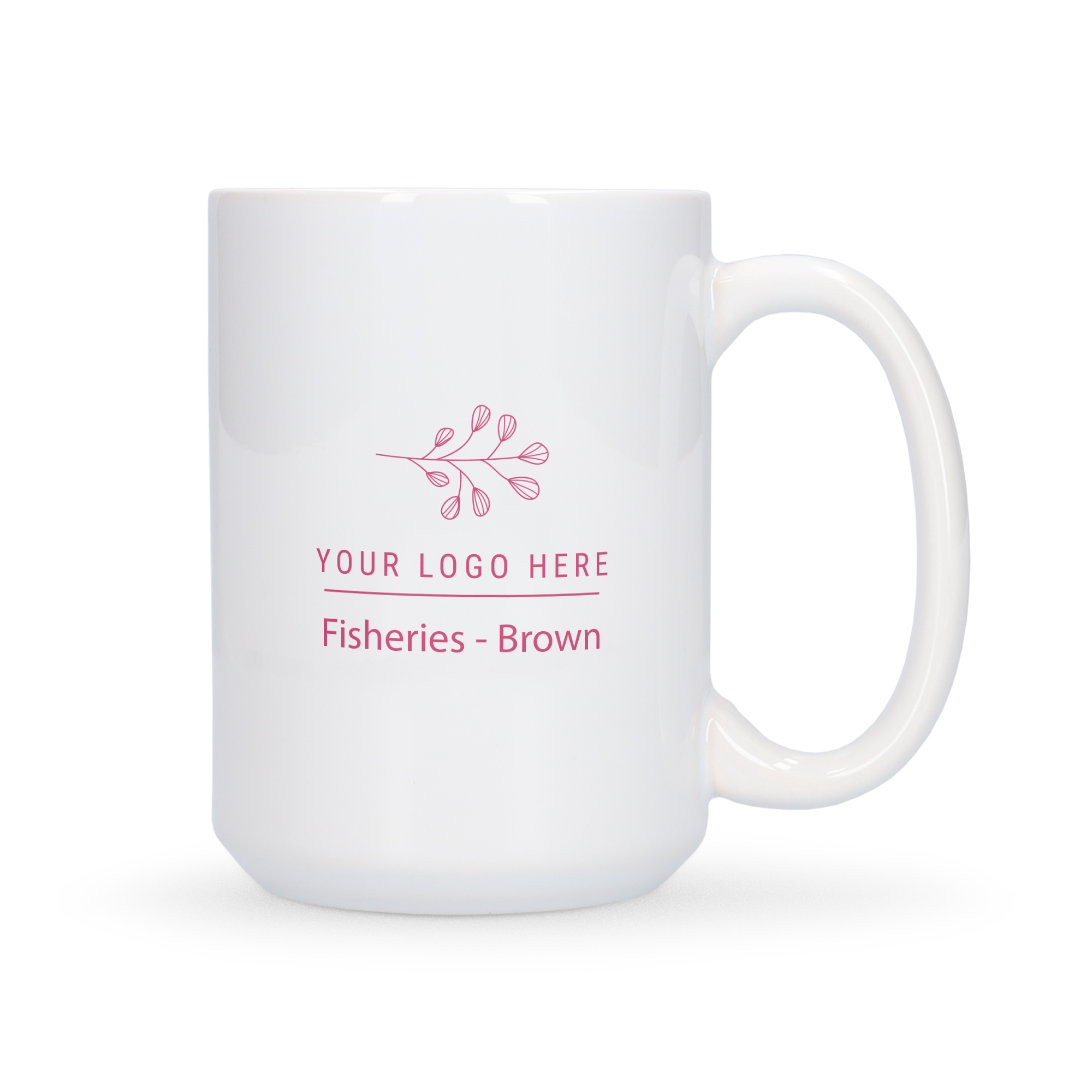 Cană XXL albă personalizată, imprimată cu model floral roz, text "YOUR LOGO HERE" și "Fisheries - Brown".