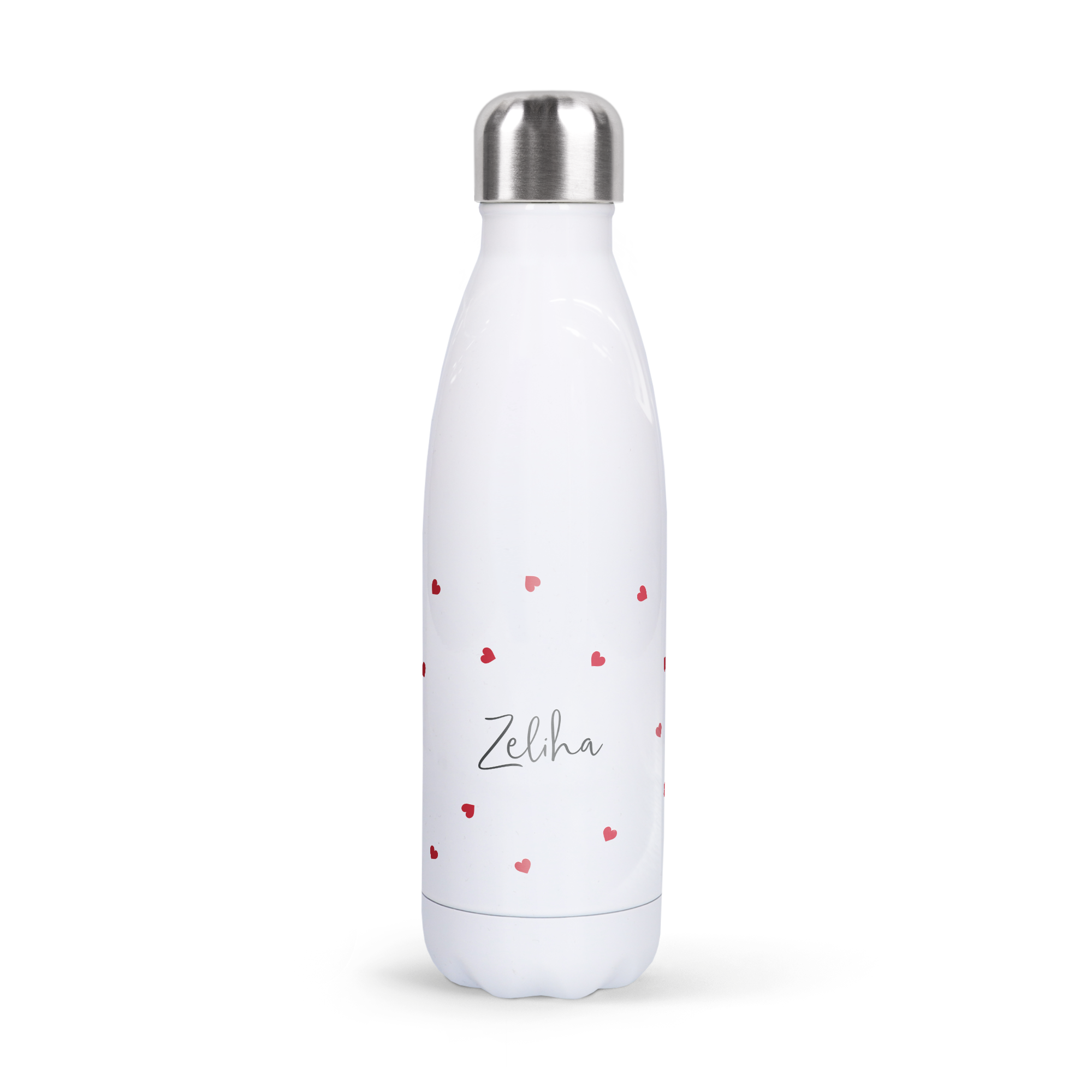 Bouteille en inox blanche avec prénom Zeliha et cœurs rouges imprimés