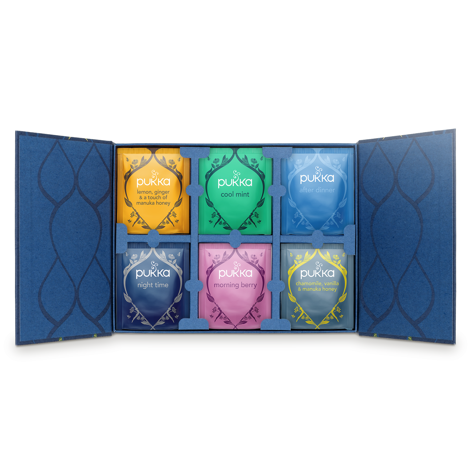 Caja de té personalizada con 6 variedades de Pukka, un refugio personalizado de té.