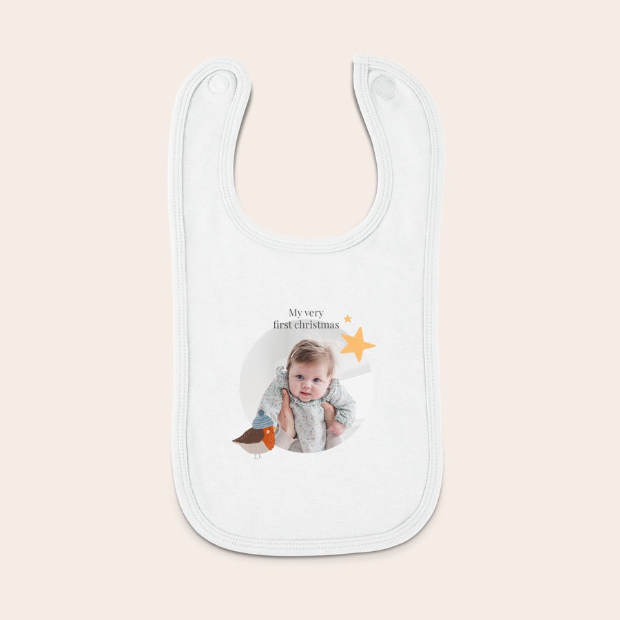 Bavaglino Personalizzato Neonato - Primo Natale - Bianco Bavaglino personalizzato per il Primo Natale con foto di neonato e scritta My very first christmas