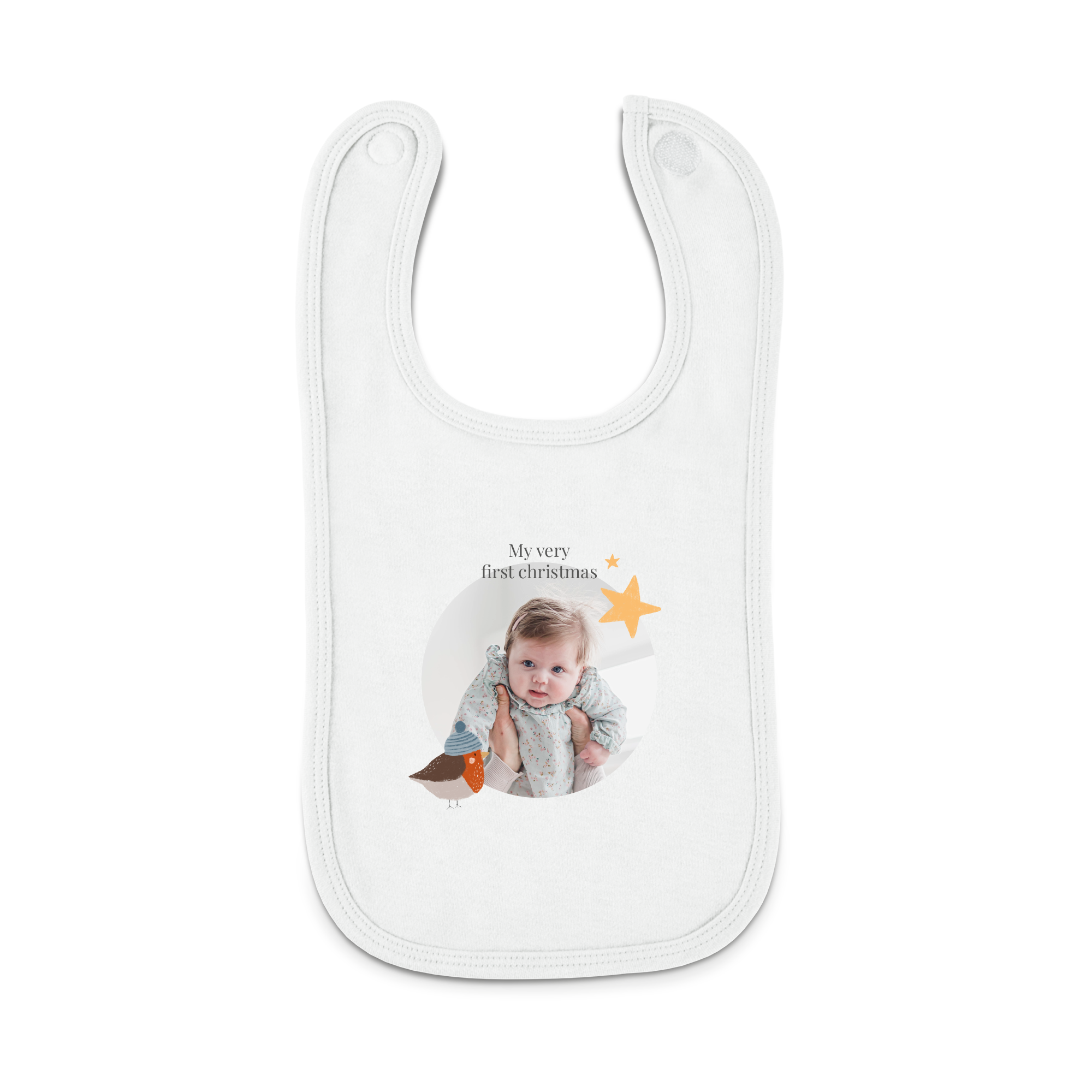 White personalized First Christmas bib printed with a baby photo and the text My very first Christmas