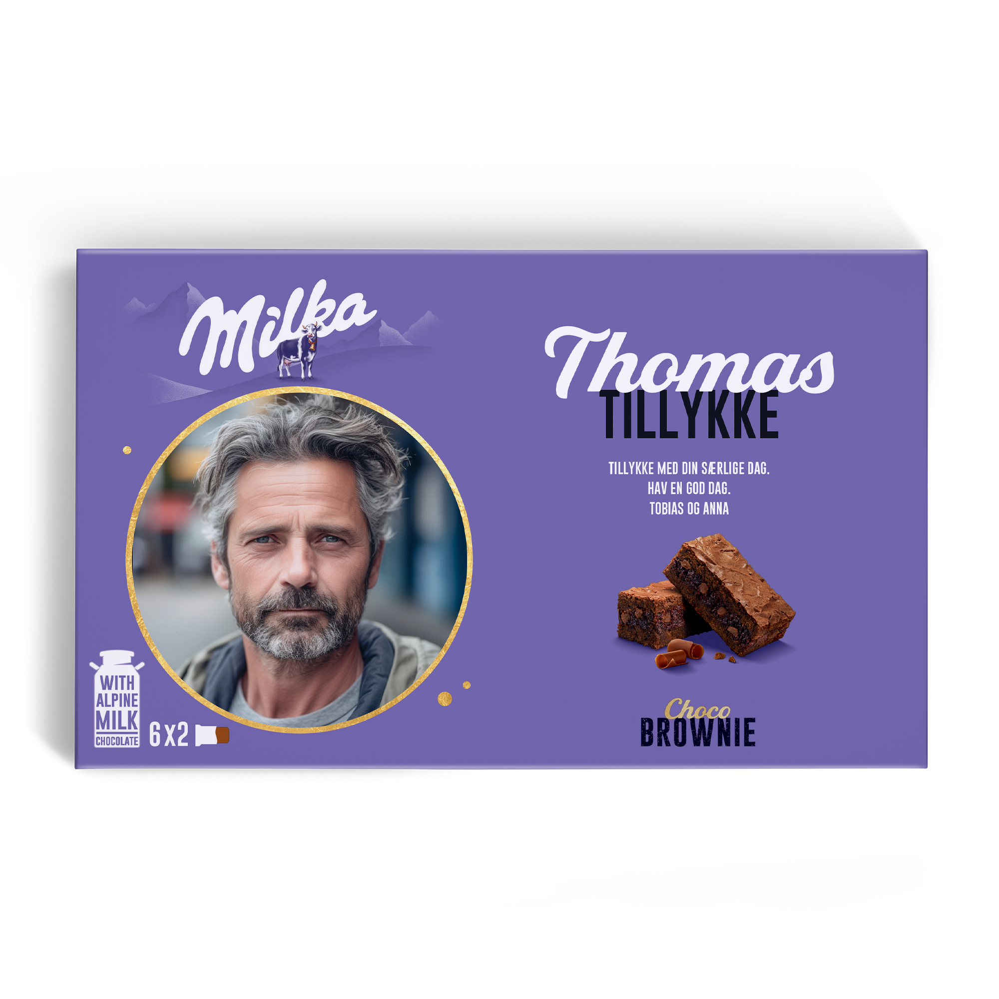 Milka Choco Brownie gaveæske med navn Thomas, personligt billede og en hilsen fra Tobias og Anna