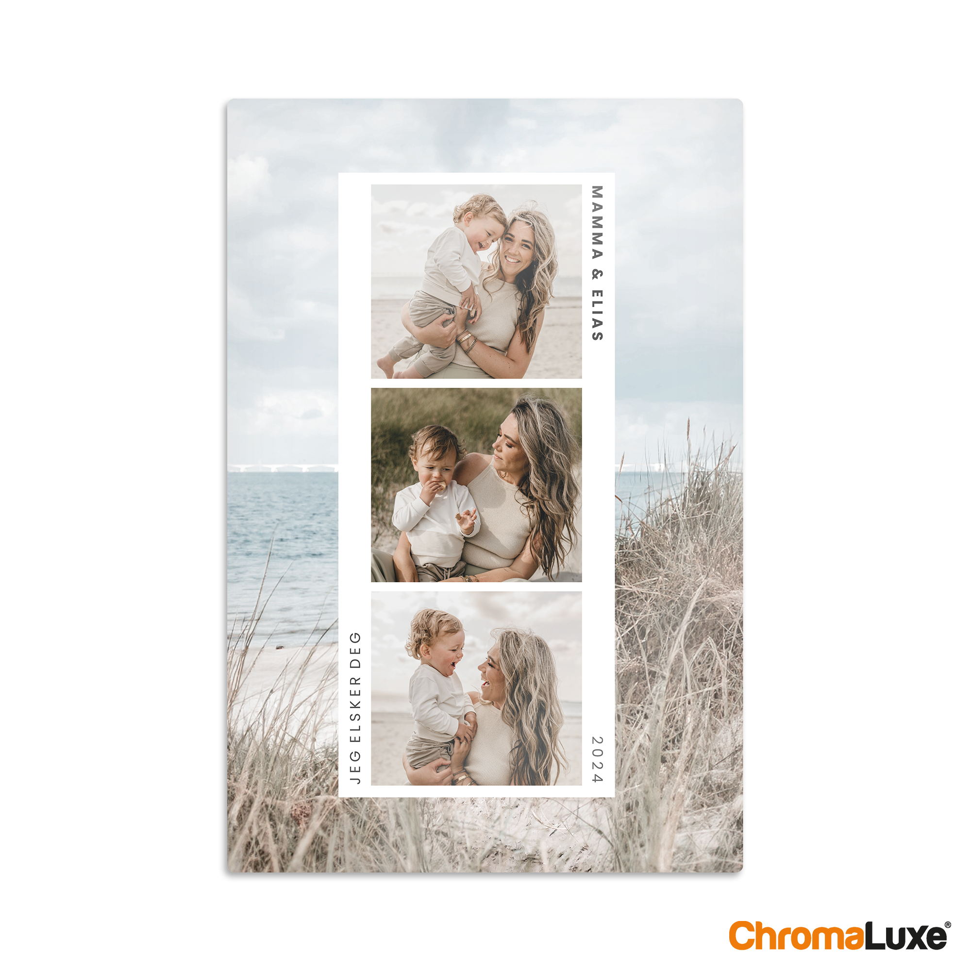 Chromaluxe aluminiumsfotoprint med tre vertikale personlige bilder, teksten MAMMA & ELIAS, JEG ELSKER DEG og årstallet 2024.