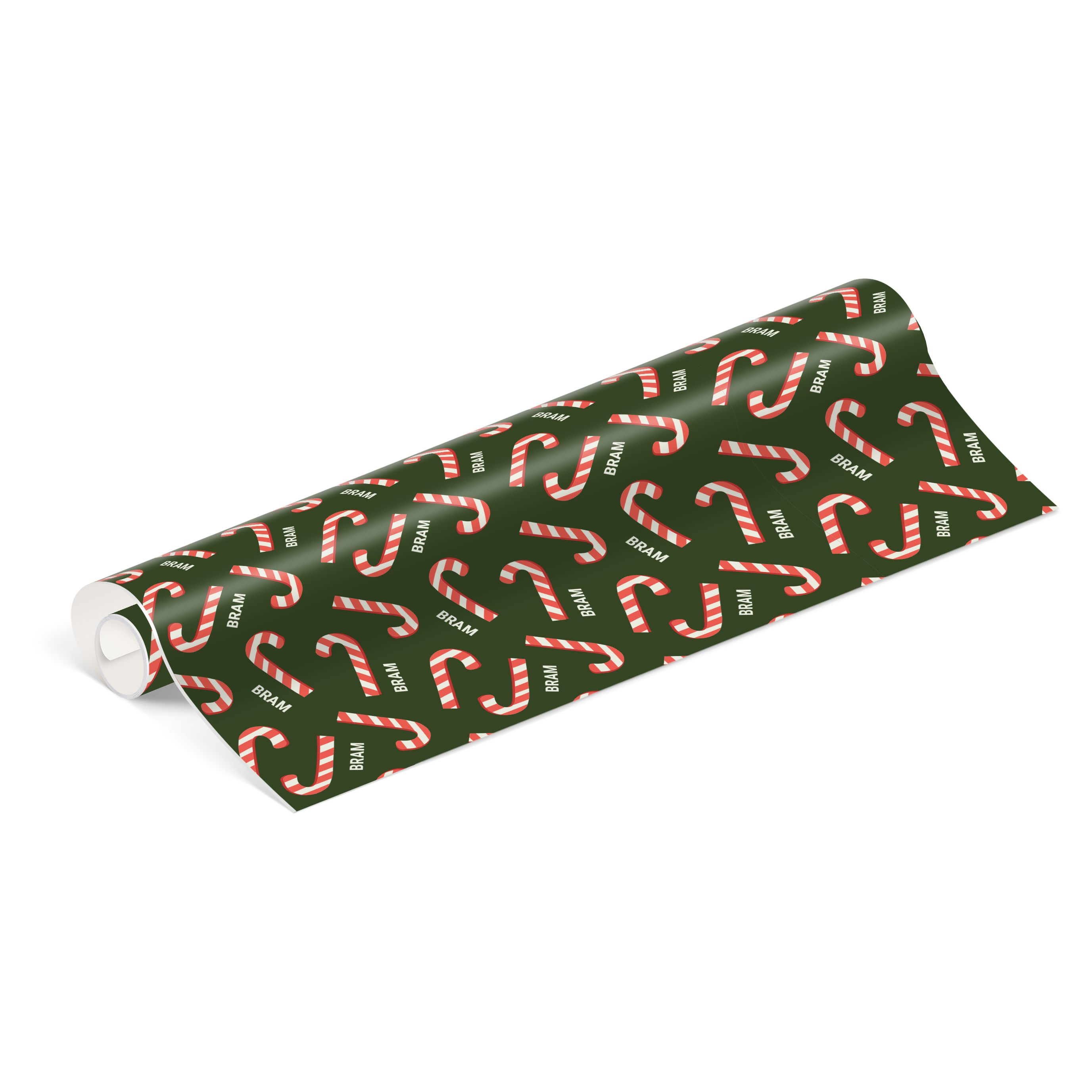 Gepersonaliseerd cadeaupapier met kerst zuurstokken patroon en de naam Bram