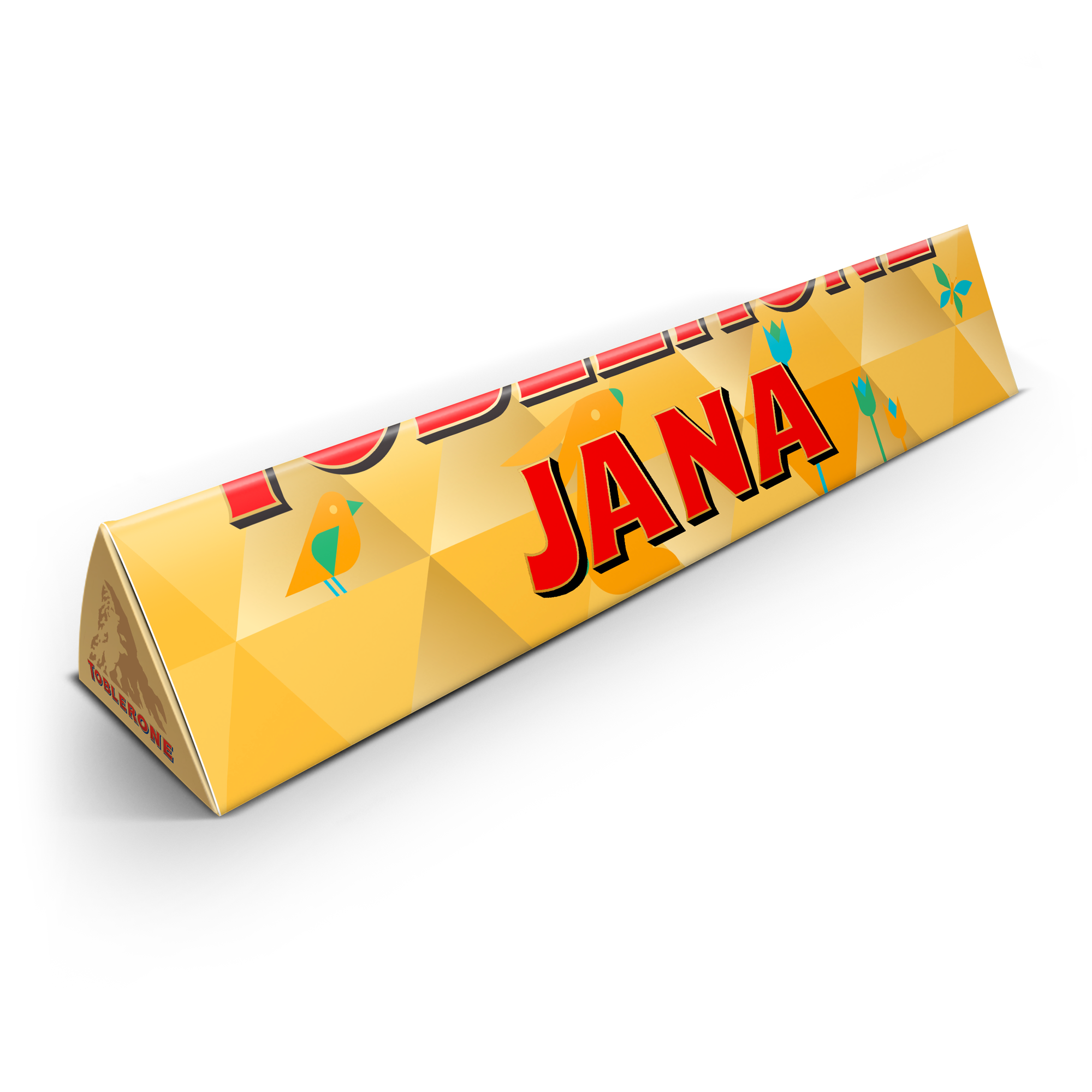 Die personalisierte Toblerone Schokolade mit dem Namen Jana und Mustern ist ein besonderes Geschenk