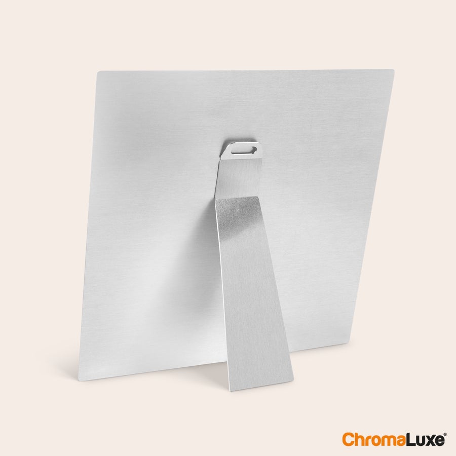 Aluminium fotoramme Baksiden av en ChromaLuxe aluminiumsramme med et stativ for å snu bildene dine til et kunstverk.