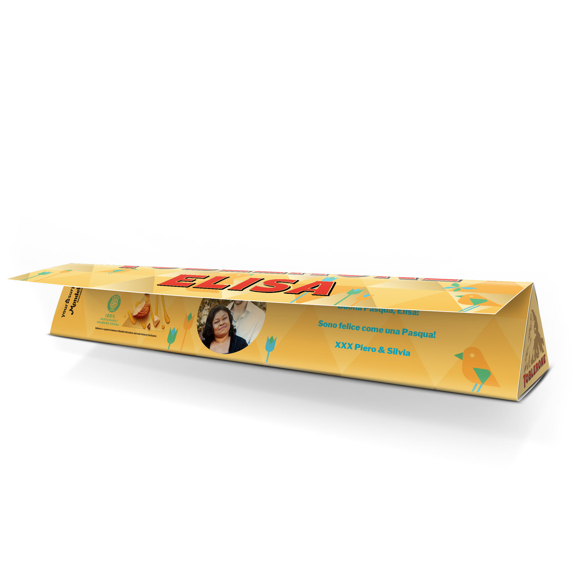 Scatola di Toblerone personalizzata per Pasqua con foto e testo Buona Pasqua Elisa Sono felice come una Pasqua stampato