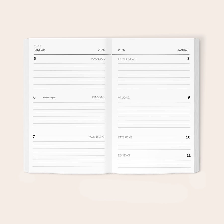 Agenda bedrukken Persoonlijke agenda 2026 met bedrukte weekoverzichten voor een op maat gemaakt ontwerp.
