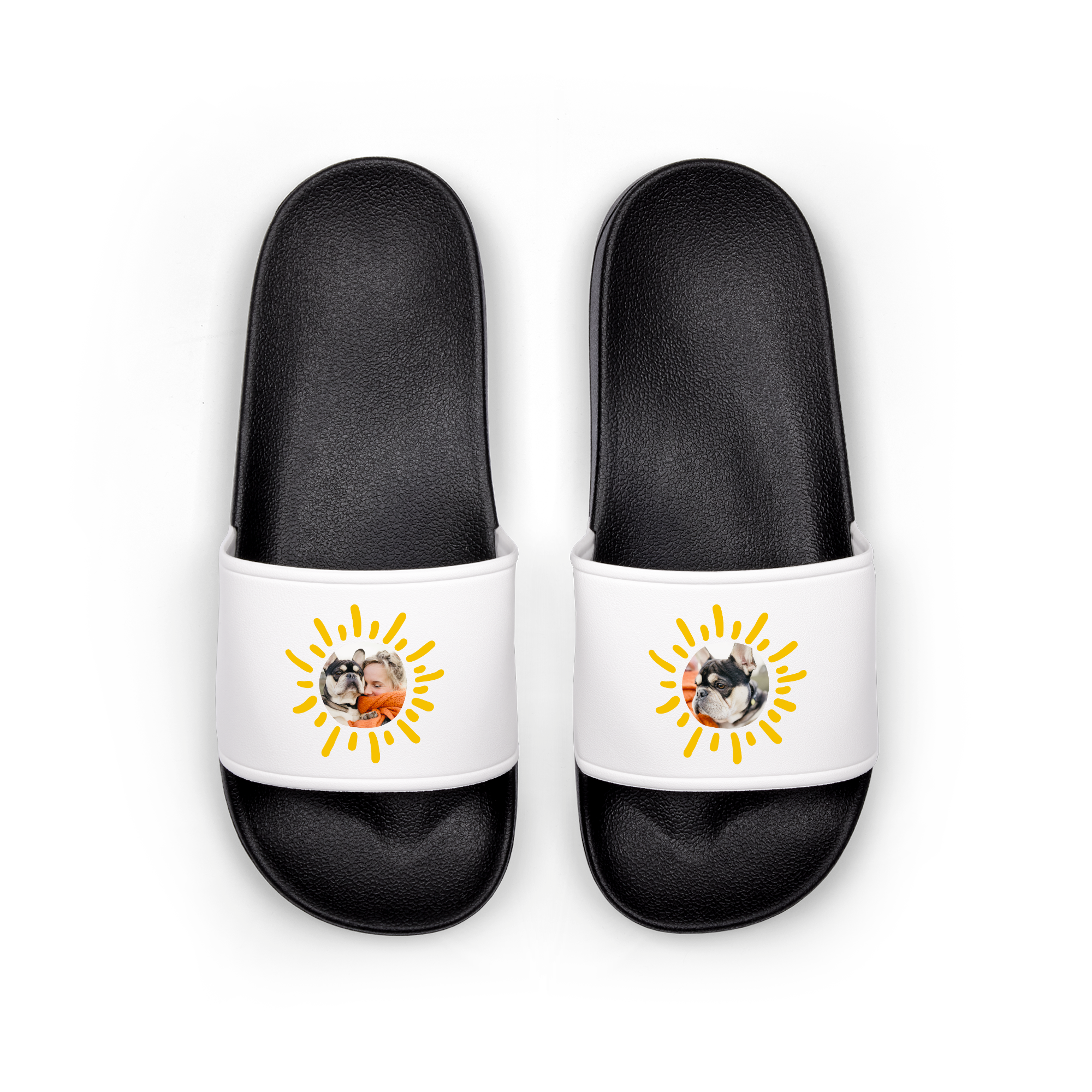 Pair of personalised sliders with a printed photo of a person and a dog within a yellow sun design on white straps.