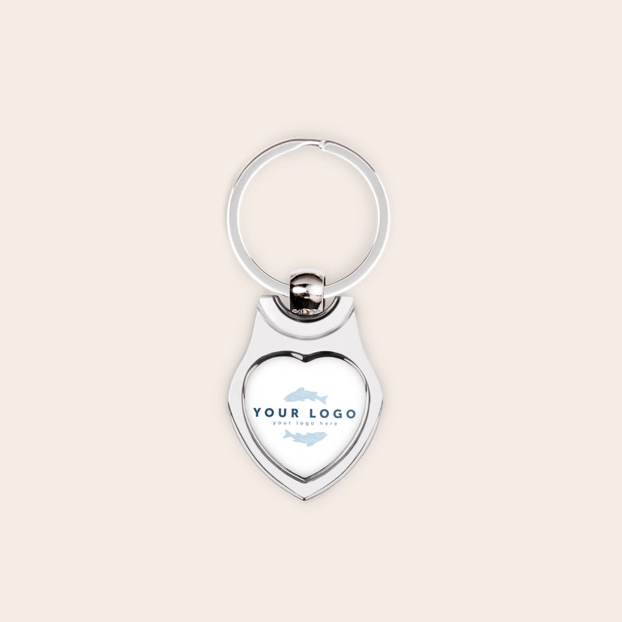 Personalised key ring - Stainless steel A silver heart-shaped keyring with your logo or photo printed on a white insert
