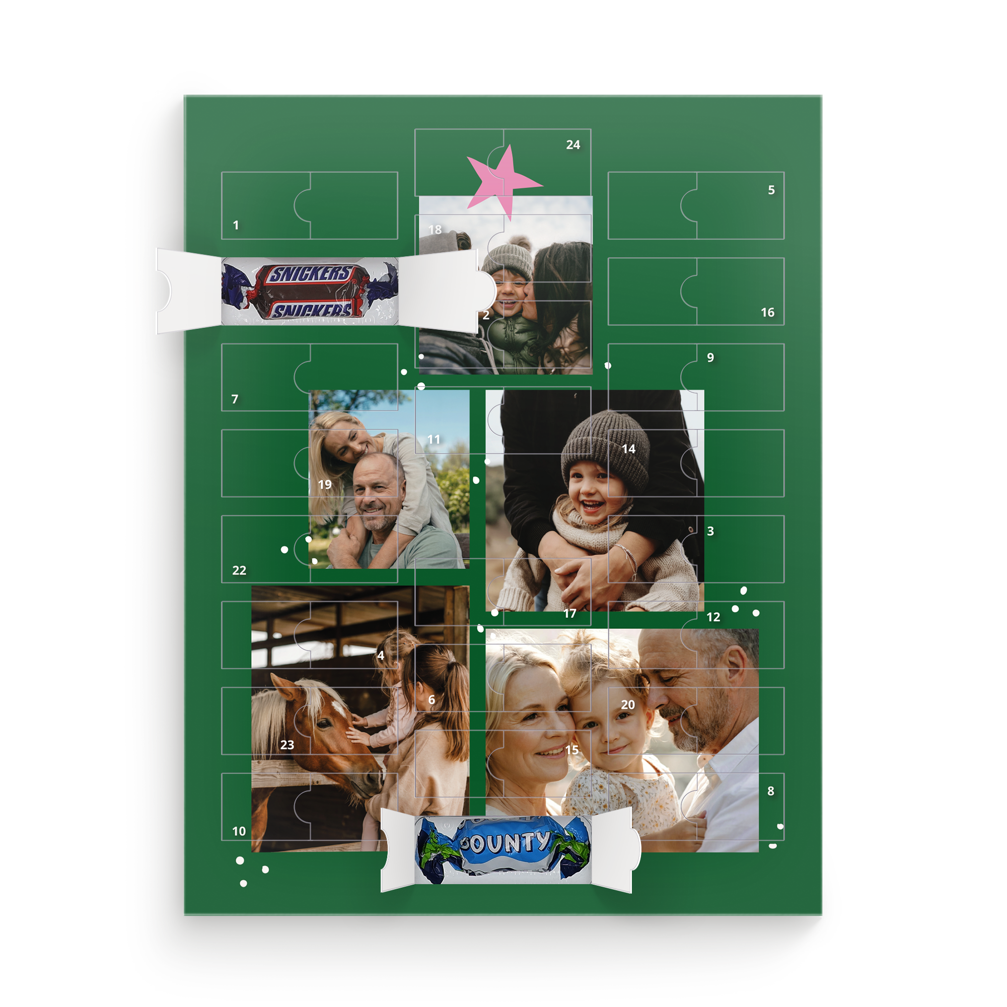 Personaliziran adventni koledar Mars Miniatures z natisnjeno družinsko fotografijo in nogometnim motivom.