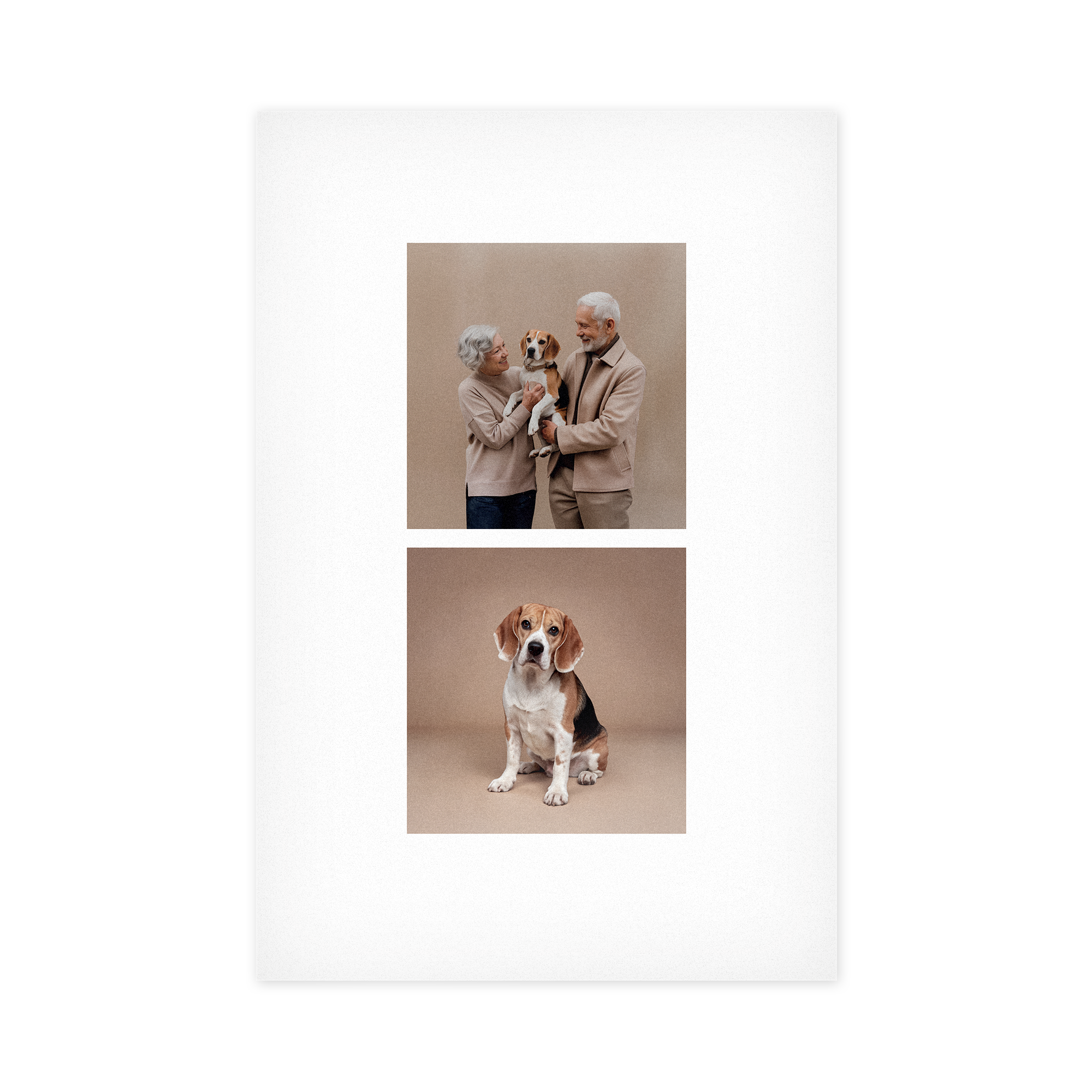 Panneau photo personnalisé en PVC avec impression de deux photos, un couple âgé avec un chien et un beagle assis, pour une déco à votre image