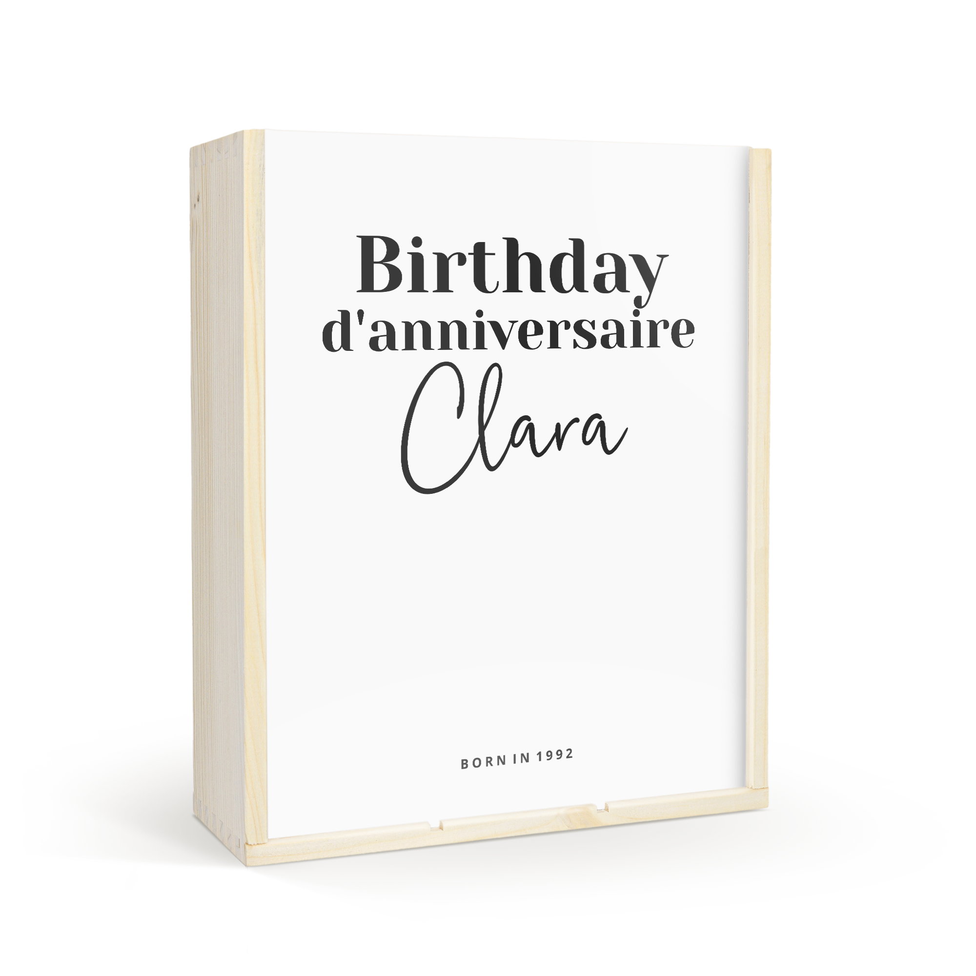 Coffret vin personnalisé en bois avec couvercle imprimé joyeux anniversaire Clara