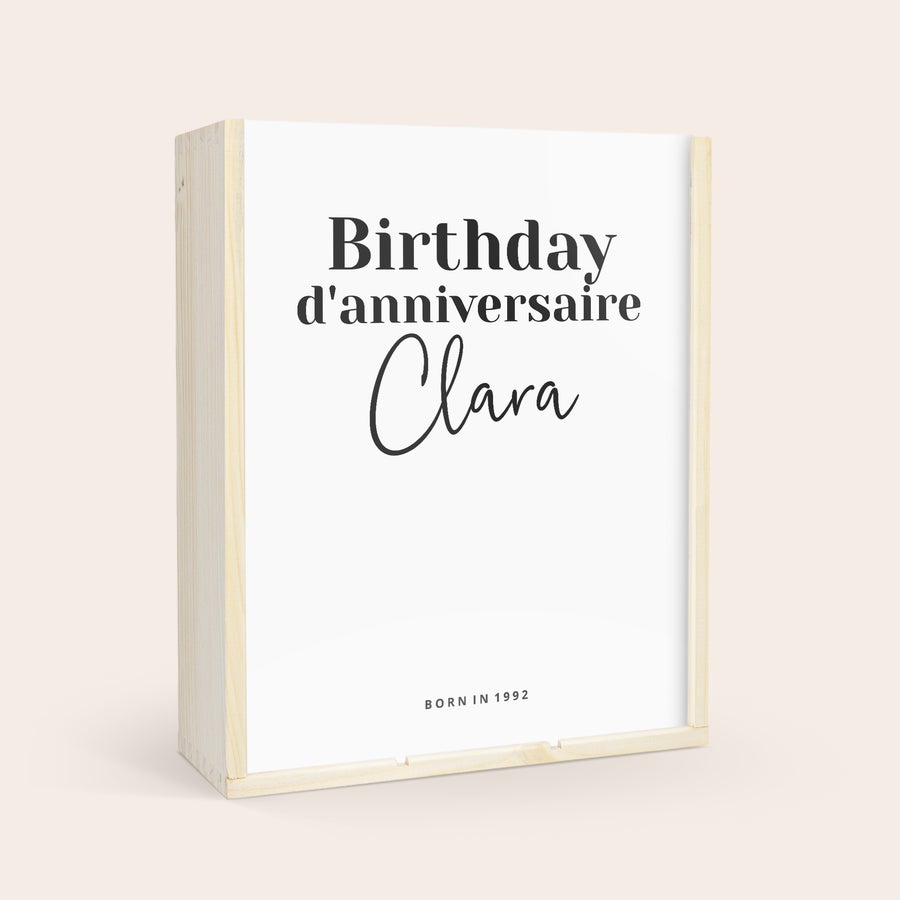 Vin Salentein Malbec personnalisé Coffret de vin en bois personnalisé avec couvercle coulissant imprimé "Birthday d'anniversaire Clara Born in 1992"