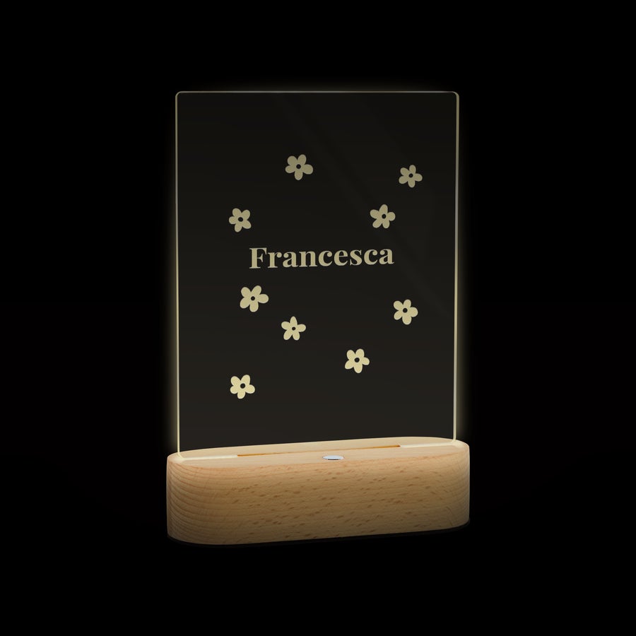 Lampada in acrilico con stativo Lampada personalizzata con nome Francesca incisa con fiori su base in legno e illuminazione LED