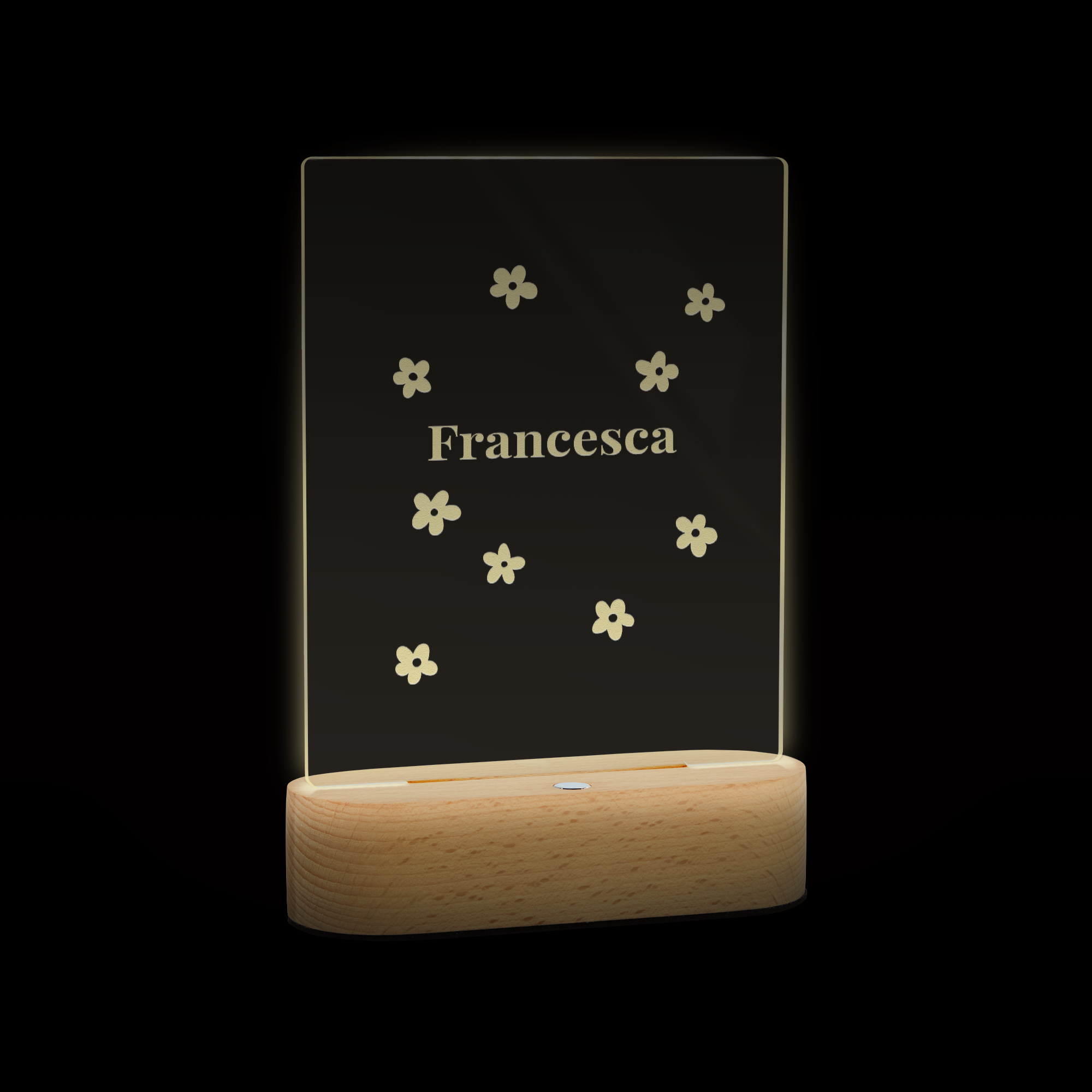 Stylová lampa s gravírováním jména "Francesca" a květin na akrylové desce s dřevěným podstavcem.