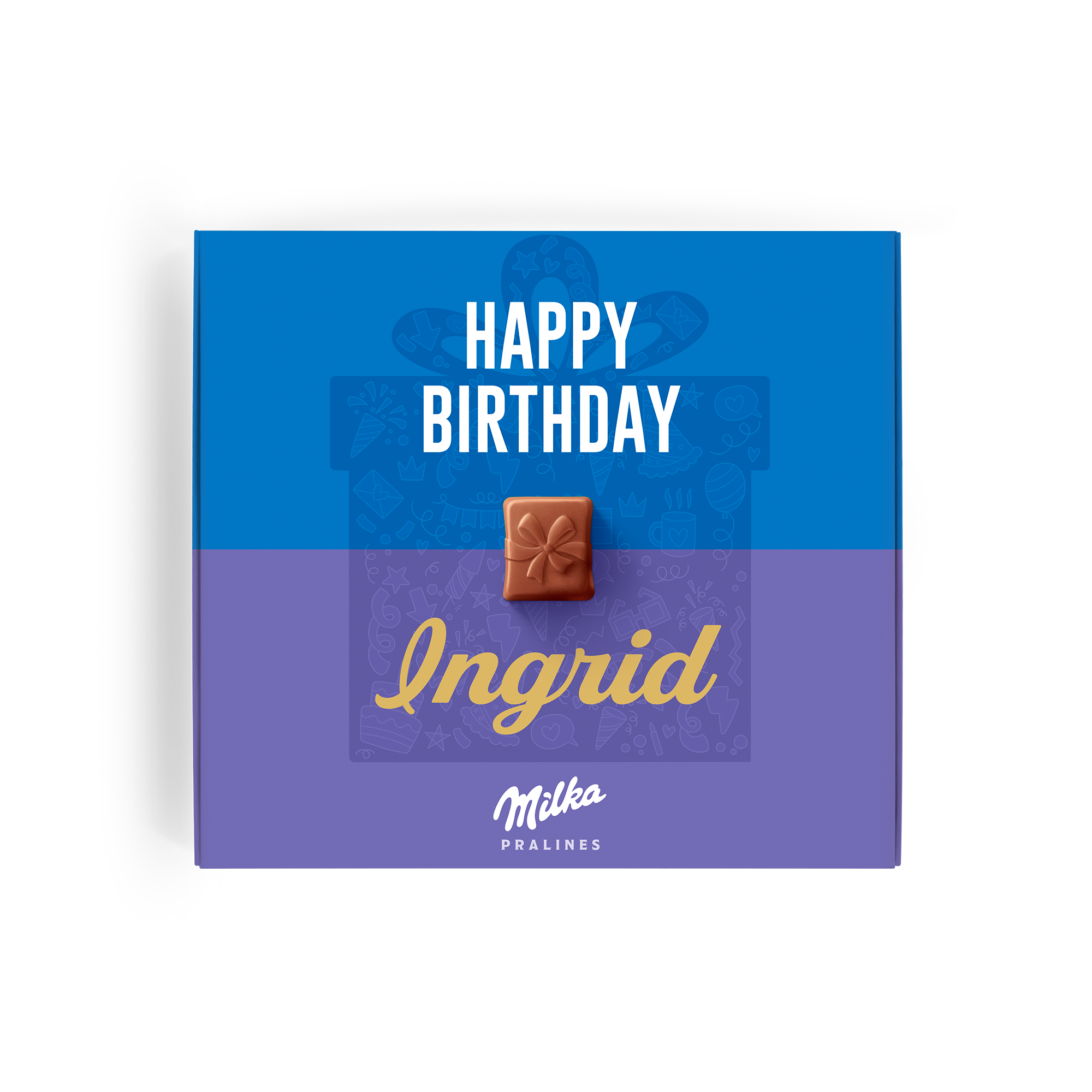 En personlig tilpasset sjokoladegave fra Milka med navnet Ingrid og teksten Gratulerer med dagen, trykket på esken.