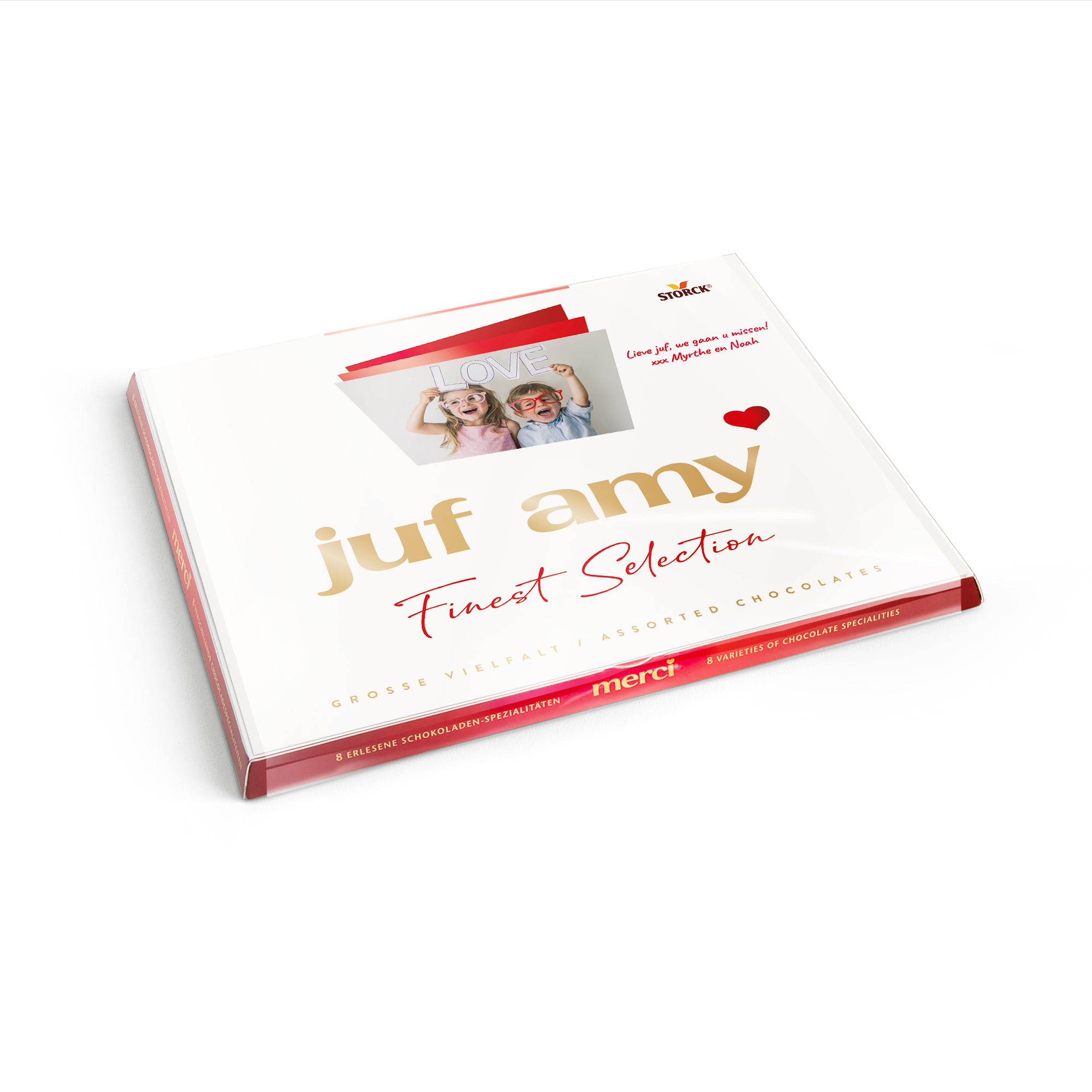Merci Finest Selection chocolade mix met gepersonaliseerde kaart - 250 gram, bedrukt met eigen naam juf Amy en een eigen foto van kinderen.