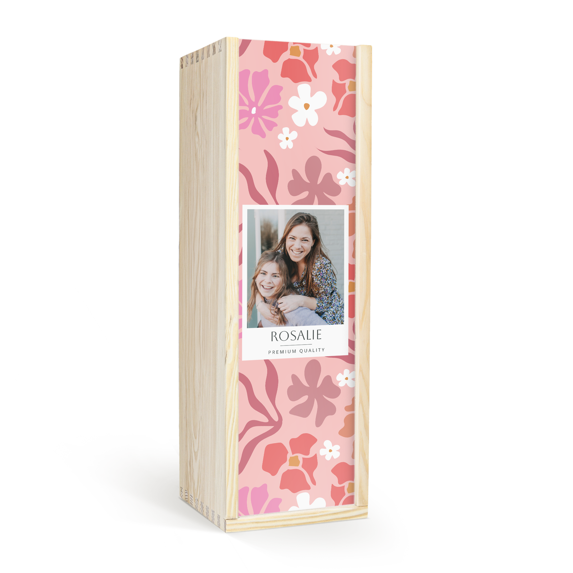Cofanetto in legno personalizzato con foto di due ragazze sorridenti e nome Rosalie stampato, su sfondo floreale rosa