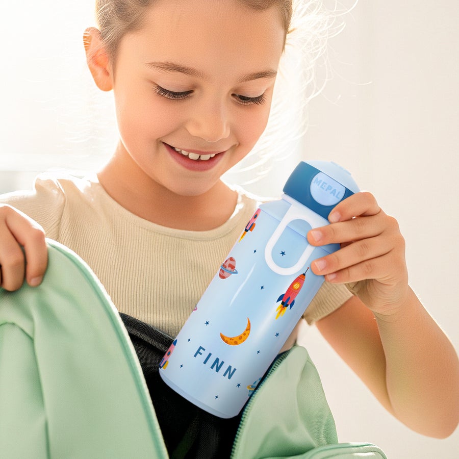 Mepal - personalised pop-up water bottle Personalised blue Mepal drinking bottle with printed rockets, planets, and the name FINN on their bottle that goes everywhere with them