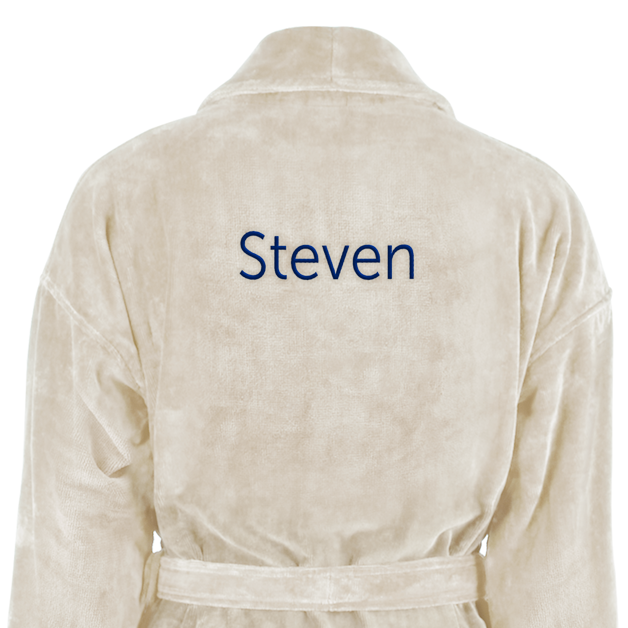 Back of a luxurious personalized bathrobe in beige, embroidered with the name Steven in dark blue thread