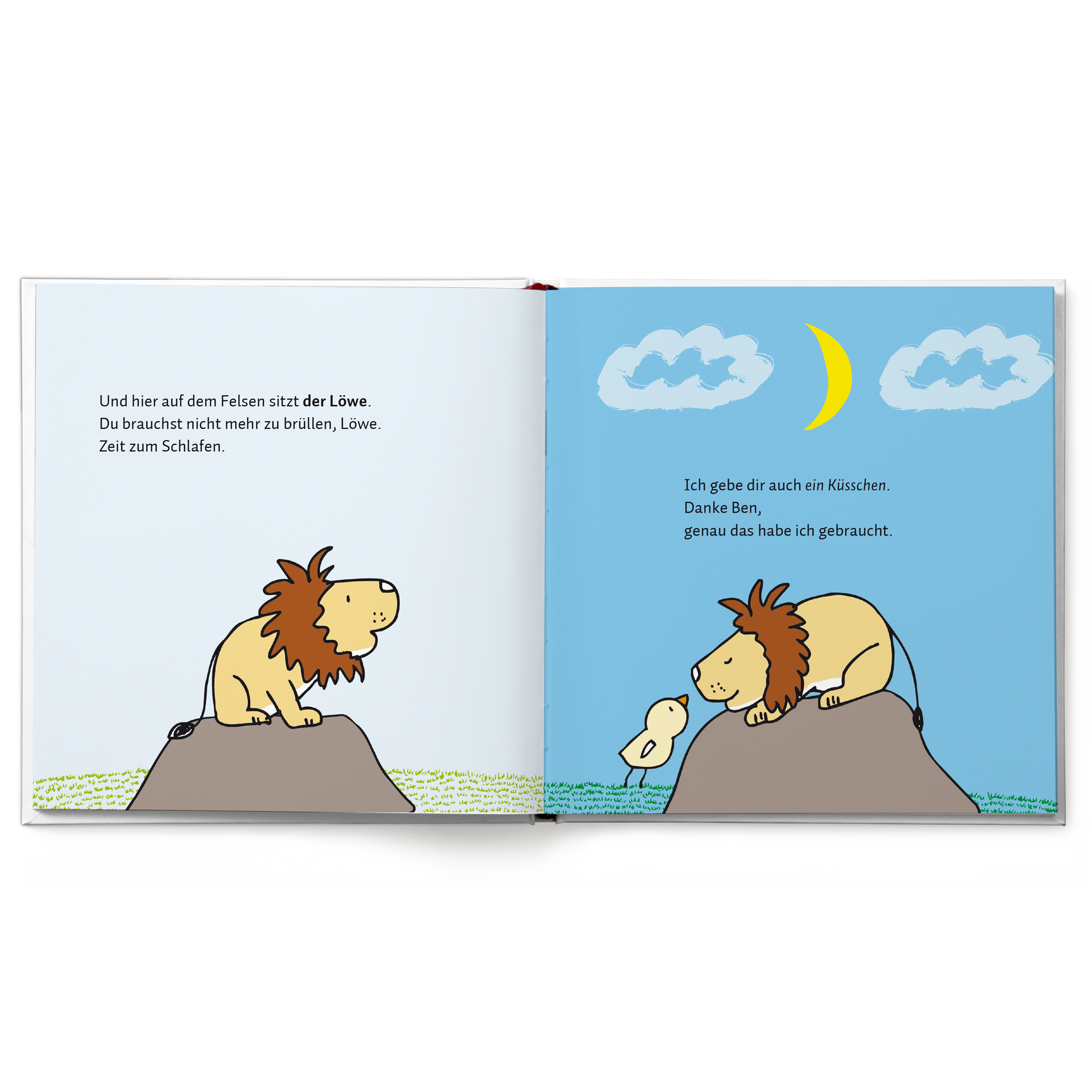 Eine niedliche, personalisierte Gute-Nacht-Geschichte für die Kleinsten, gedruckt mit dem Namen "Ben" und einem Löwen, der einen Gute-Nacht-Kuss bekommt.