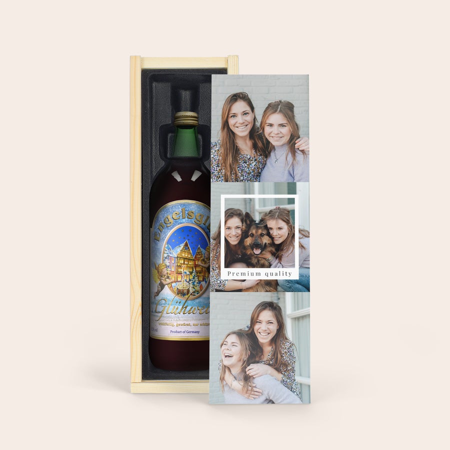 Gluhwein Engelsglut Personalizzato - Vin Brulé Bottiglia di vin brulé nella custodia di legno personalizzabile con foto e testo per festeggiare le vacanze