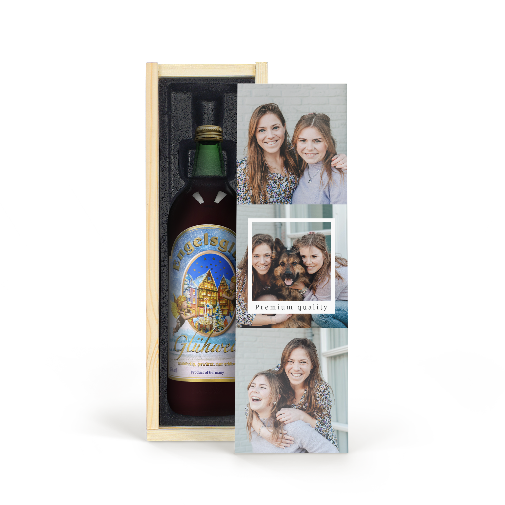Garrafa de vinho quente Engelsglut em caixa de madeira com foto impressa personalizada para o Natal