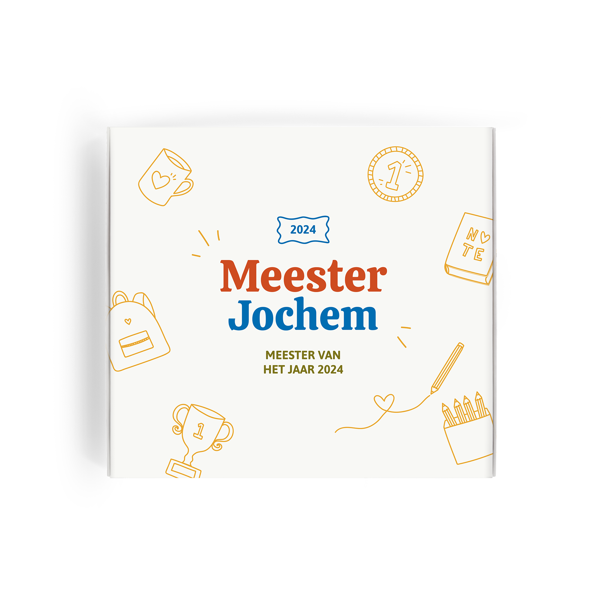 Gepersonaliseerde Milka giftbox voor meesters met naam Meester Jochem en de tekst Meester van het Jaar 2024 erop gedrukt.