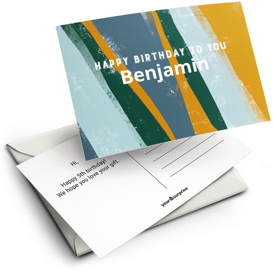 Pohlednice s abstraktním designem, jménem Benjamin a textem Happy Birthday To You. Vlastní fotografií lze vytvořit osobní přání.